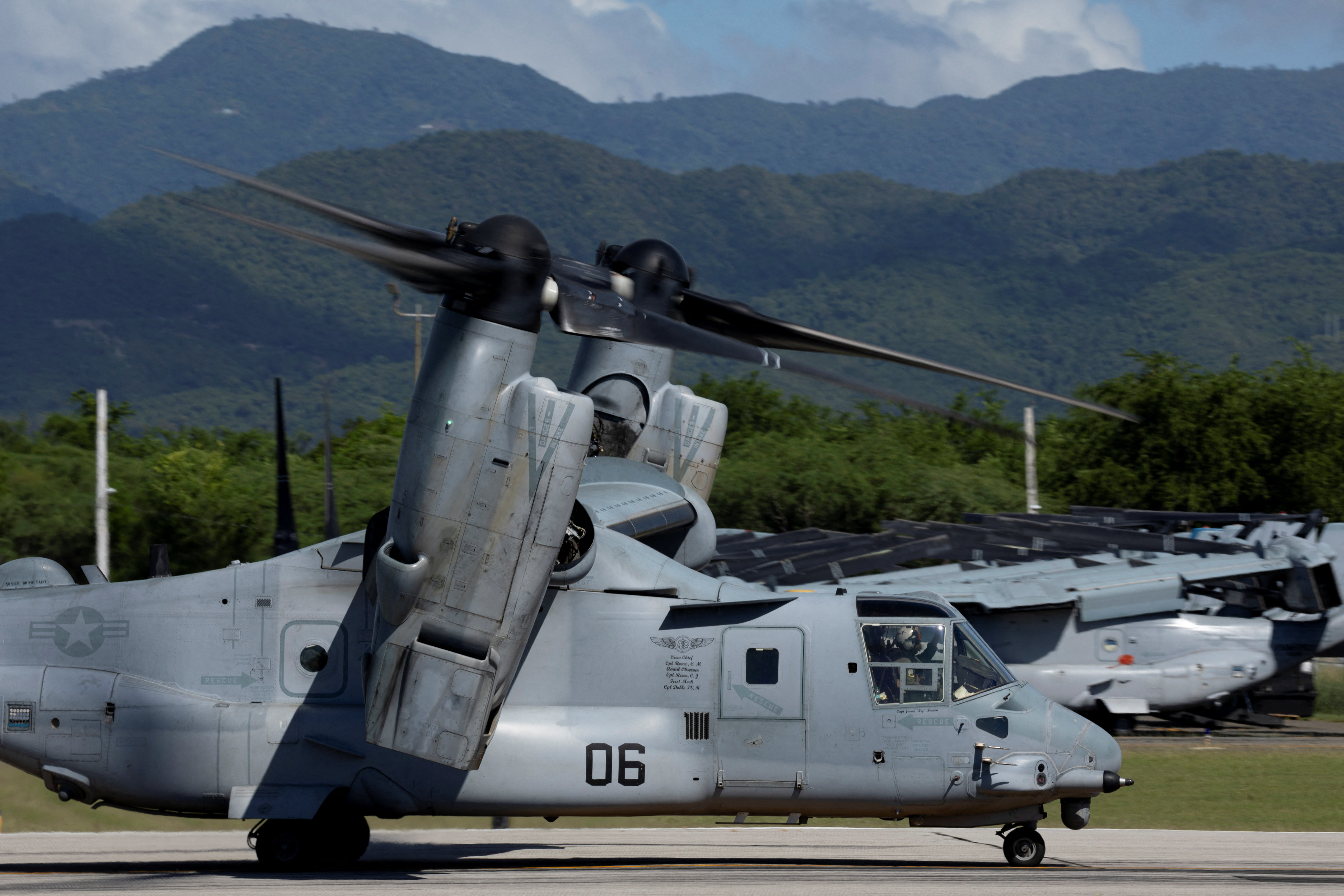 A US Marine Corps MV-22B Osprey taxis before takeoff at Mercedita international airport in Ponce, Puerto Rico, December 6, 2025 [Ricardo Arduengo/Reuters]