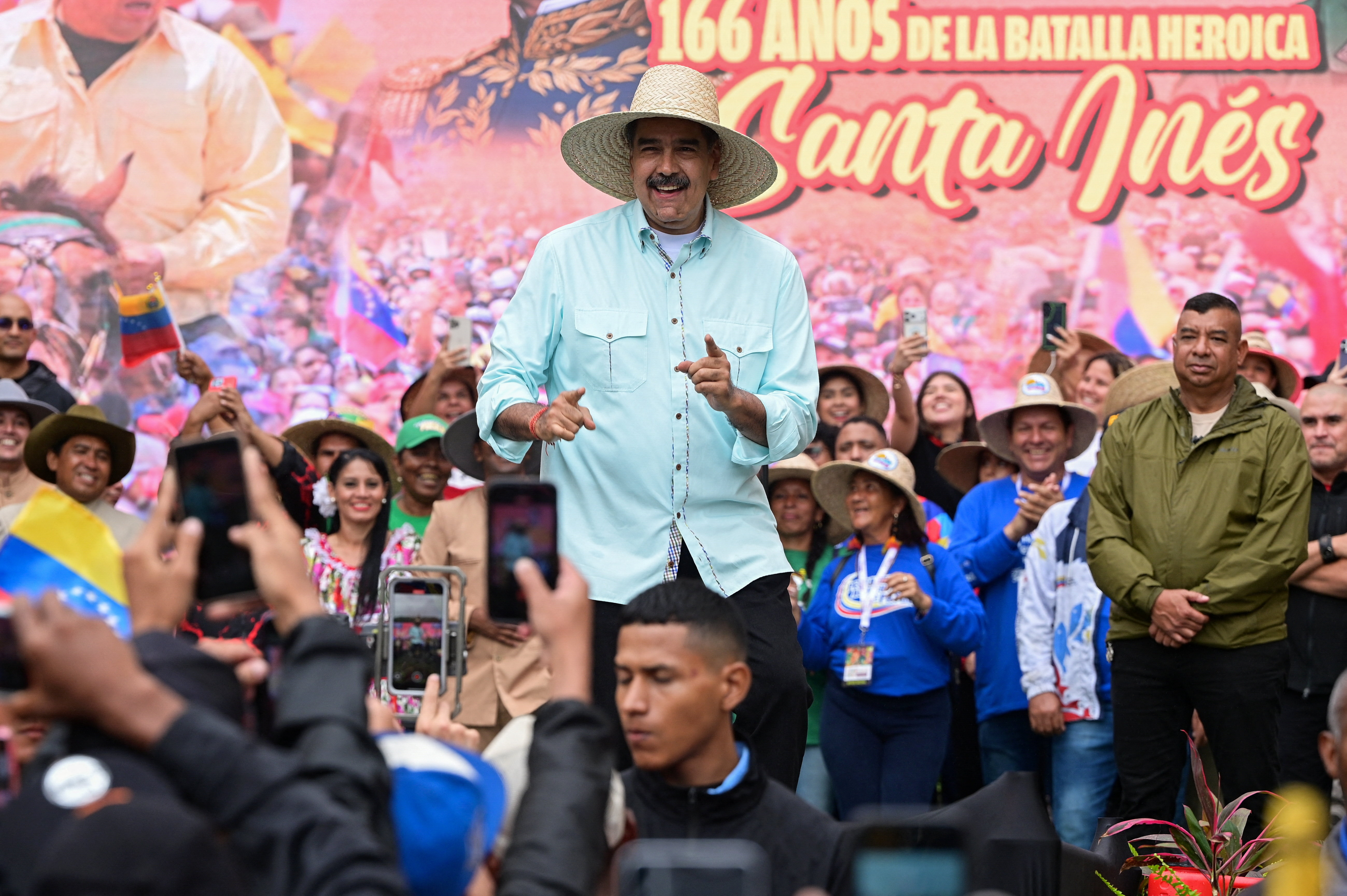 Venezuela’s President Nicolas Maduro points towards supporters, during a march to commemorate the Battle of Santa Ines, on the same day Venezuelan opposition leader Maria Corina Machado was awarded the 2025 Nobel Peace Prize in Norway, in Caracas, Venezuela, December 10, 2025