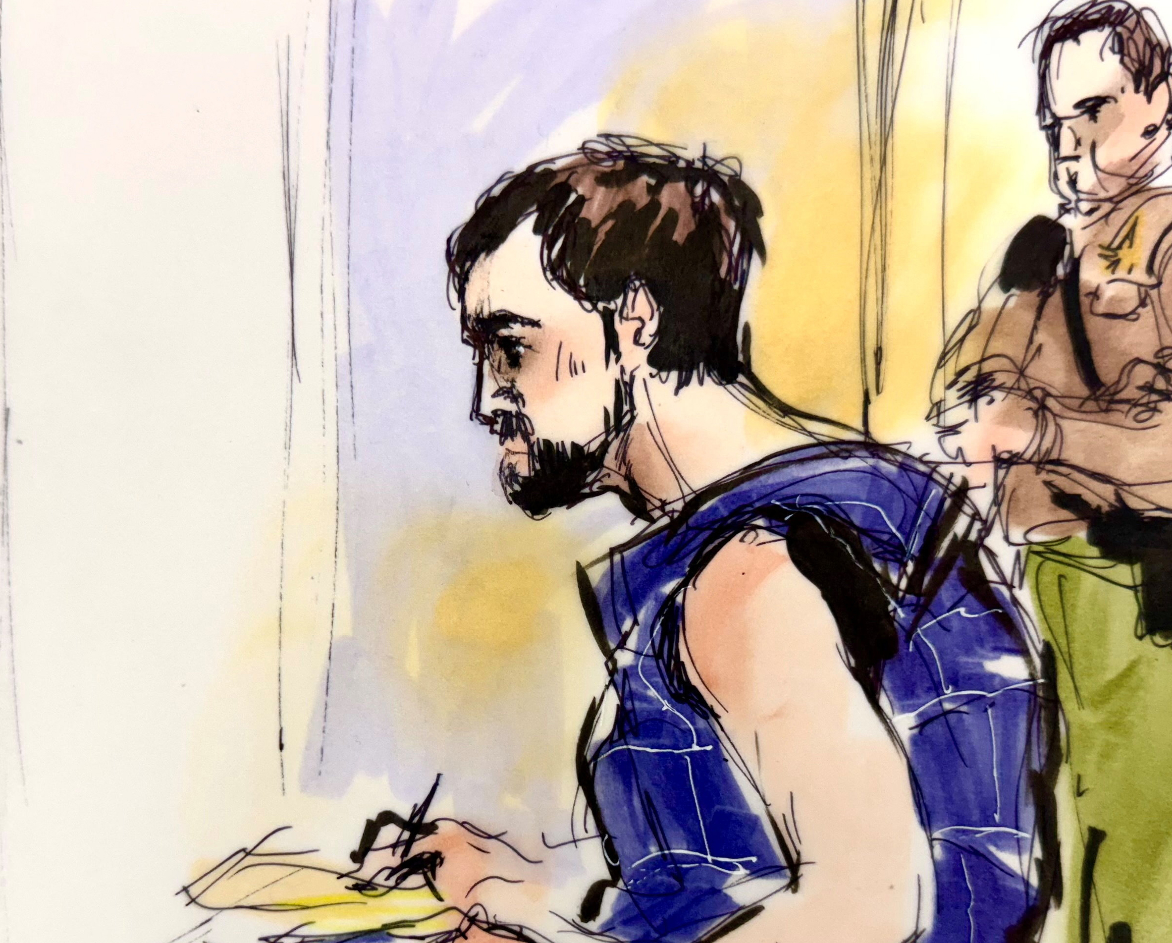 Nick Reiner, wearing a blue protective vest, makes his first court appearance on murder charges for the killing of his parents Rob and Michele Weiner, at LA Superior Court in Los Angeles, California, U.S., December 17, 2025 in this courtroom sketch. [Mona Edwards/Reuters]