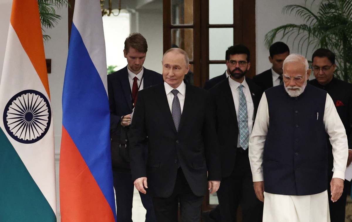 Russia's President Vladimir Putin and India's Prime Minister Narendra Modi are seen after their talks at Hyderabad House in New Delhi on December 5, 2025 [Alexander Kazakov/Sputnik/Pool via AFP]