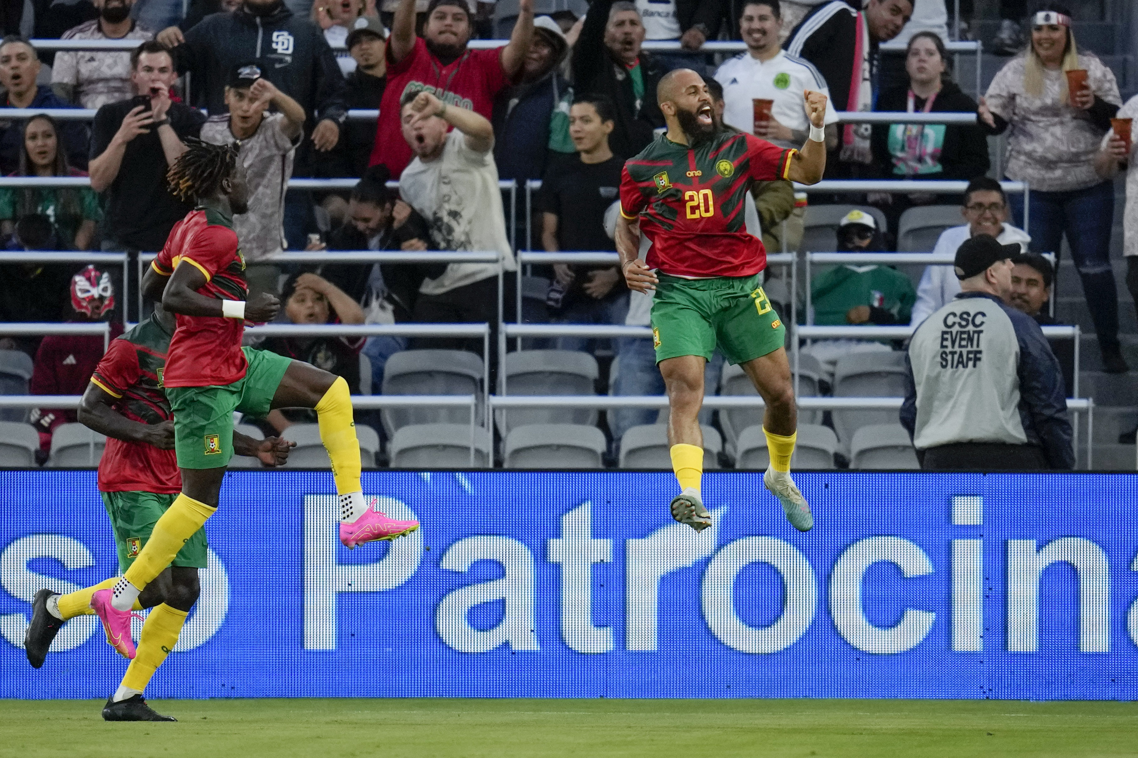 Cameroon forward Bryan Mbeumo (20) celebrates his goal against Mexico during the first half of a friendly soccer match Saturday, June 10, 2023, in San Diego. (AP Photo/Gregory Bull)