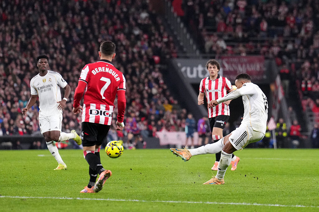 Kylian Mbappe of Real Madrid scores his team's third goal during the LaLiga EA Sports match at Athletic Club