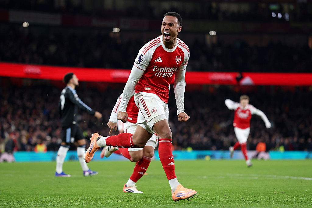 Gabriel of Arsenal celebrates scoring his team's first goal during the Premier League match between Arsenal and Aston Villa
