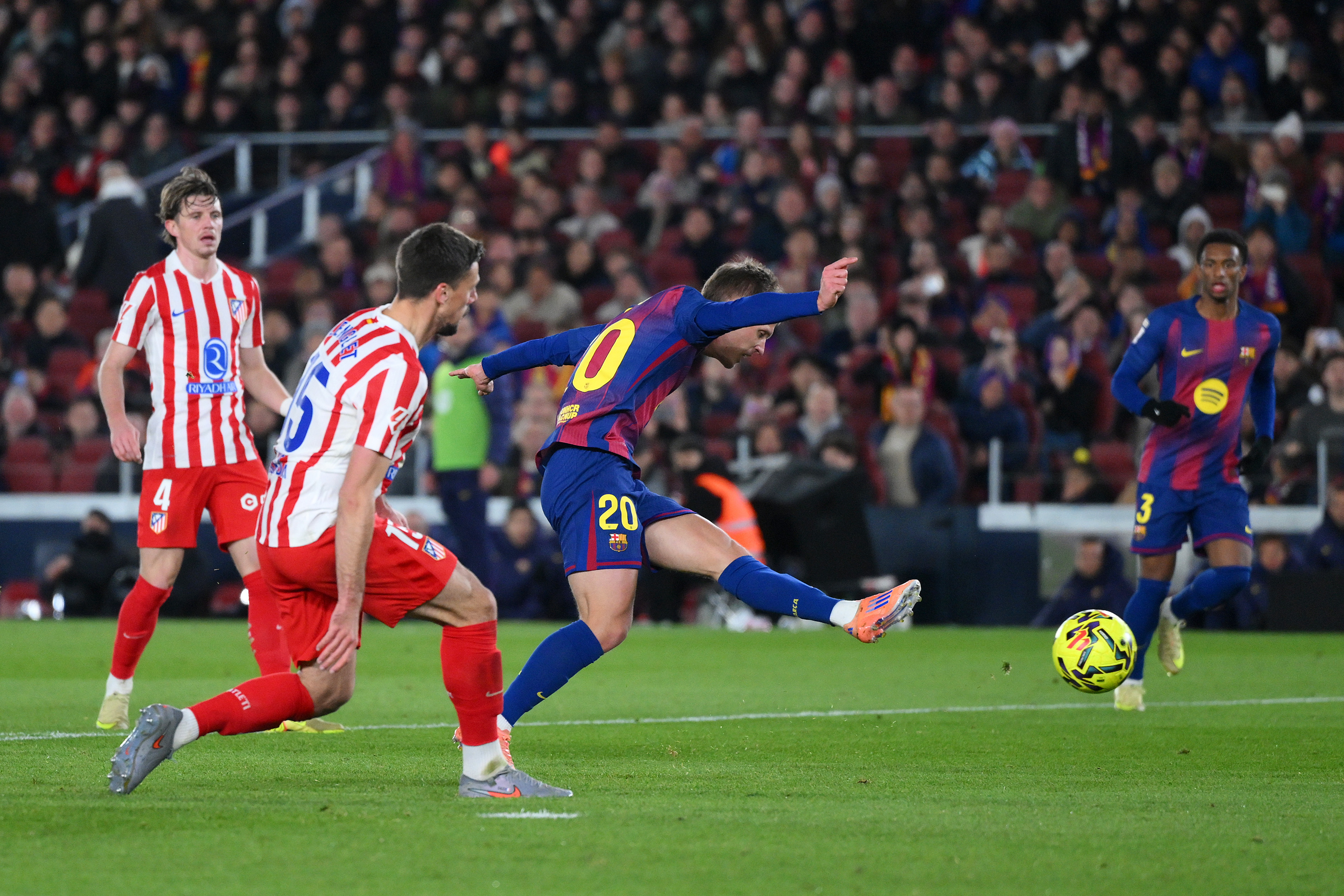BARCELONA, SPAIN - DECEMBER 02: Dani Olmo of FC Barcelona scores his team's second goal during the LaLiga EA Sports match between FC Barcelona and Atletico de Madrid at Spotify Camp Nou on December 02, 2025 in Barcelona, Spain. (Photo by David Ramos/Getty Images)