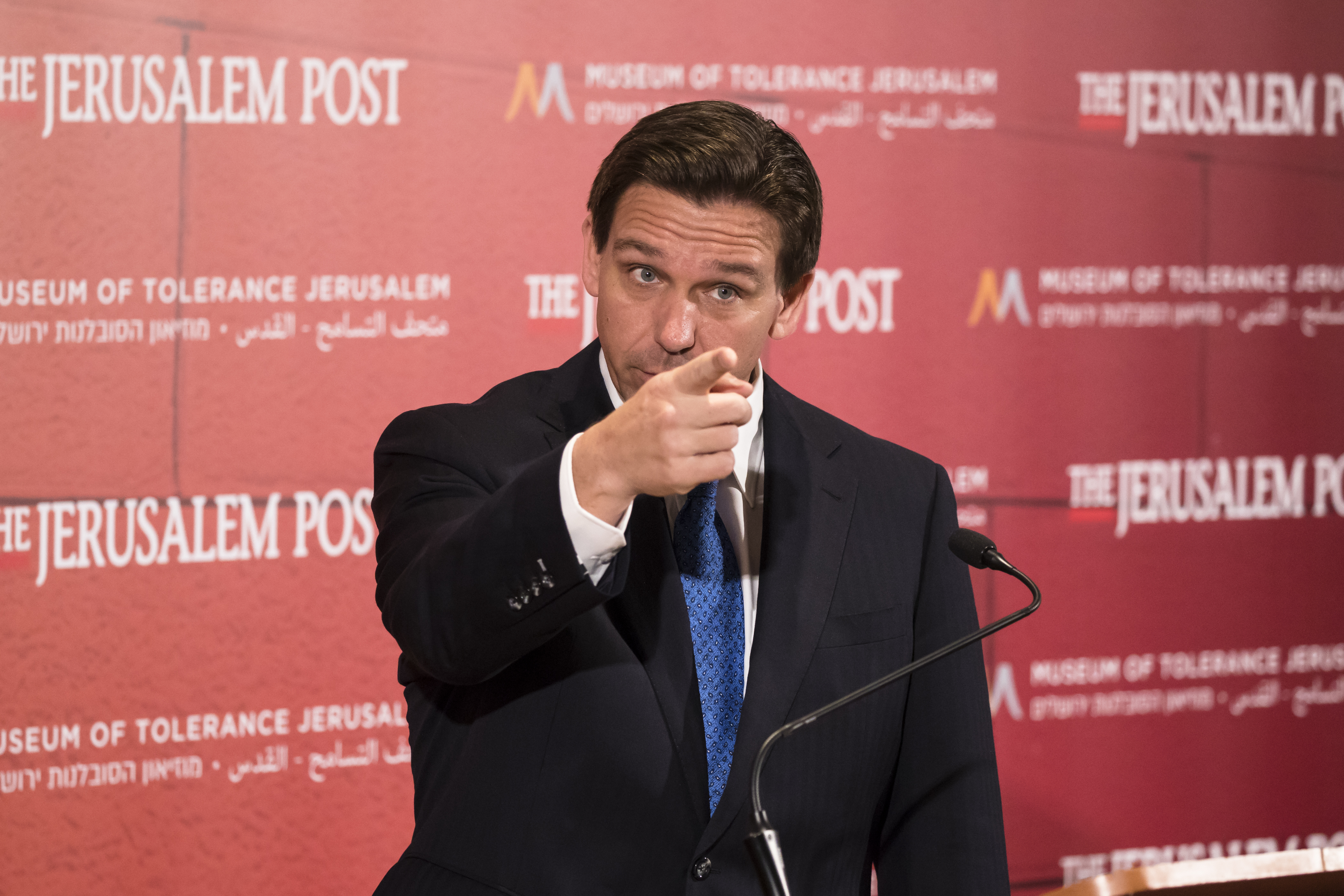 Florida Governor Ron DeSantis speaks during a news conference.
