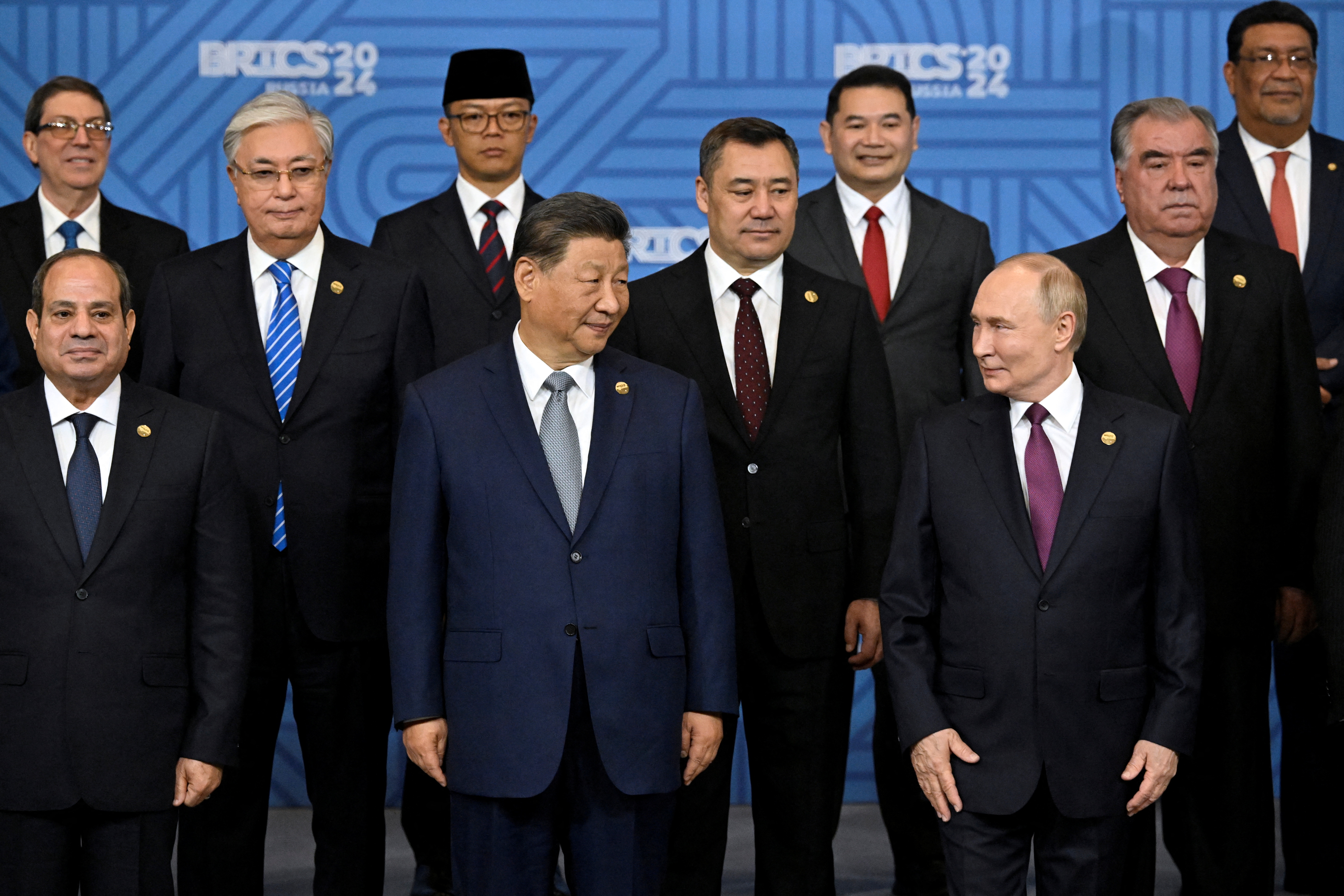 Egyptian President Abdel Fattah el-Sisi, Chinese President Xi Jinping, Russian President Vladimir Putin and other participants in the BRICS Plus meeting pose for a photo in Kazan, Russia, in October 2024