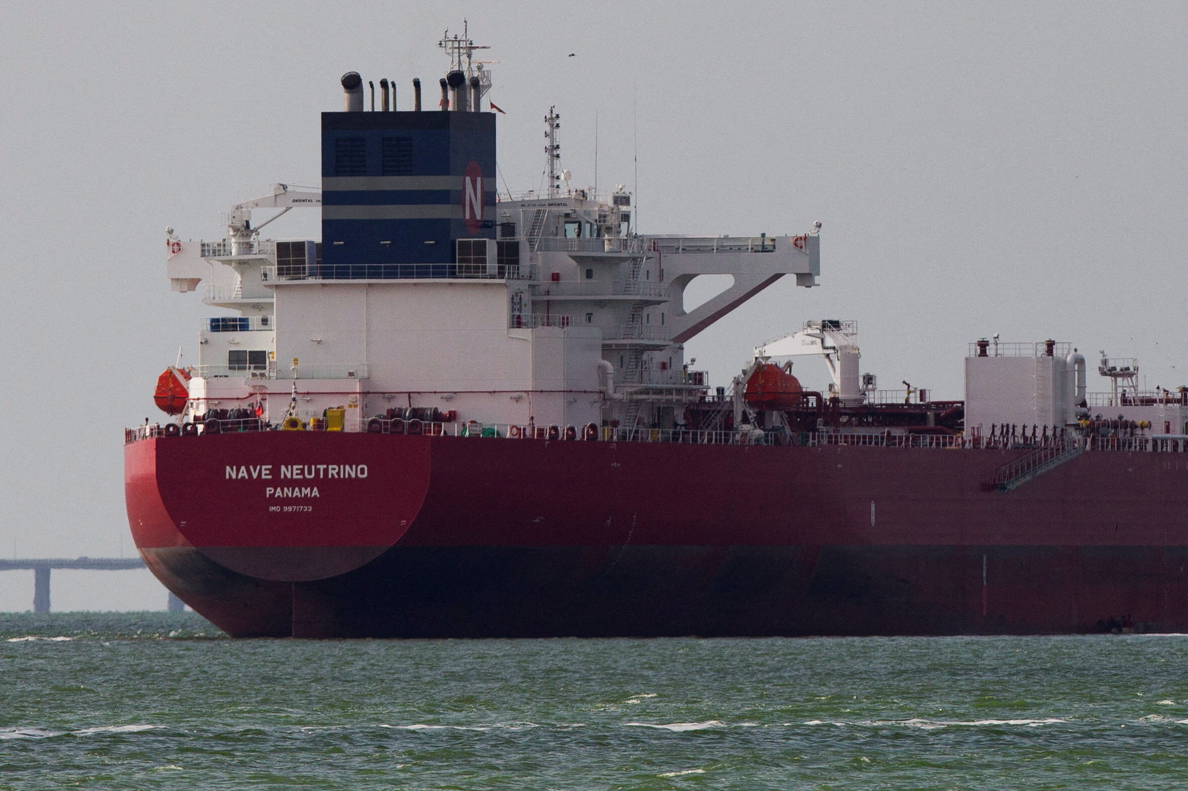 An oil tanker in the sea.
