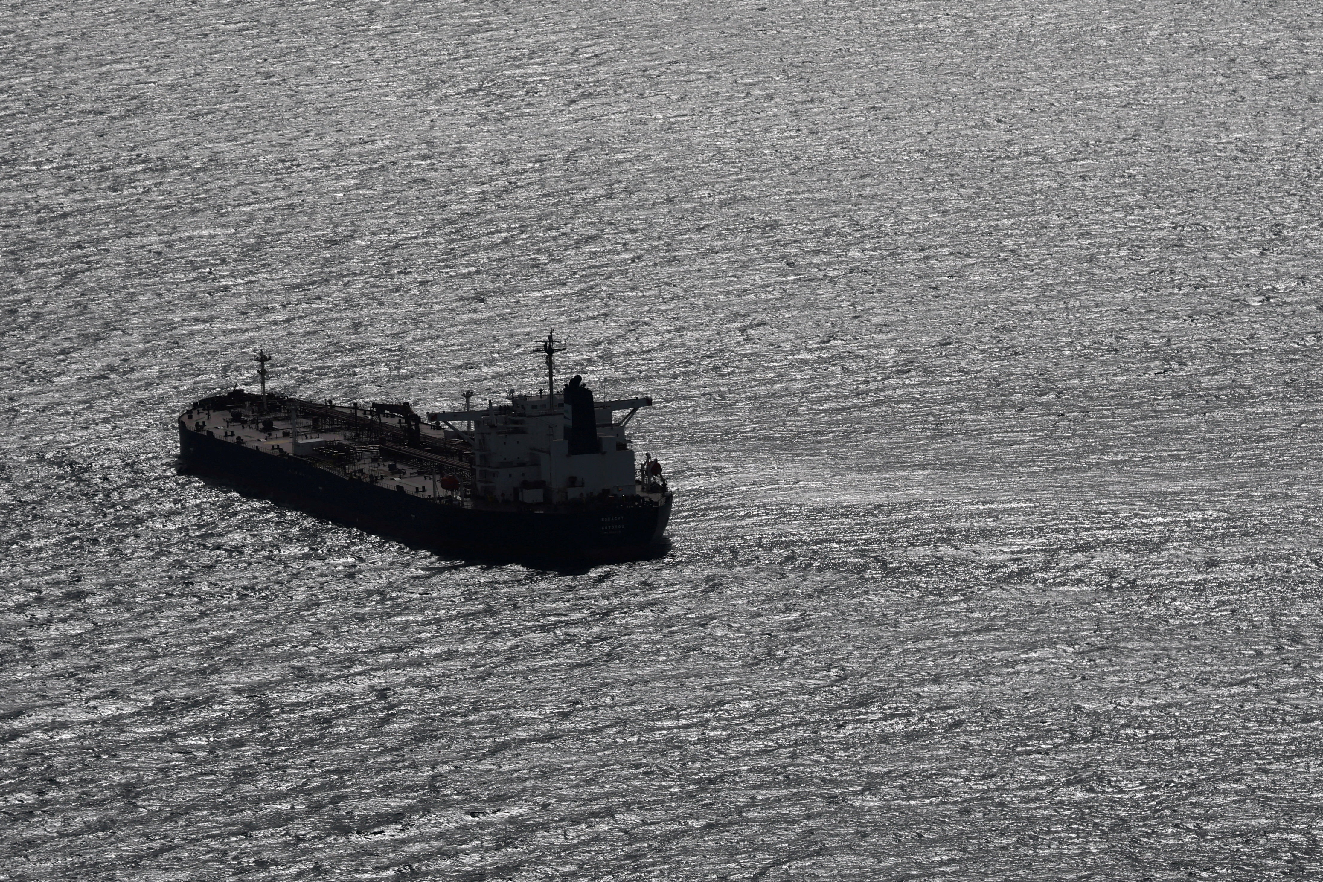 An aerial view shows the oil tanker named Boracay (also called Pushpa), a vessel being investigated by French authorities and suspected of belonging to the so-called “shadow fleet” involved in the Russian oil trade, off the coast of the western France port of Saint-Nazaire, France, October 2, 2025. REUTERS/Stephane Mahe TPX IMAGES OF THE DAY