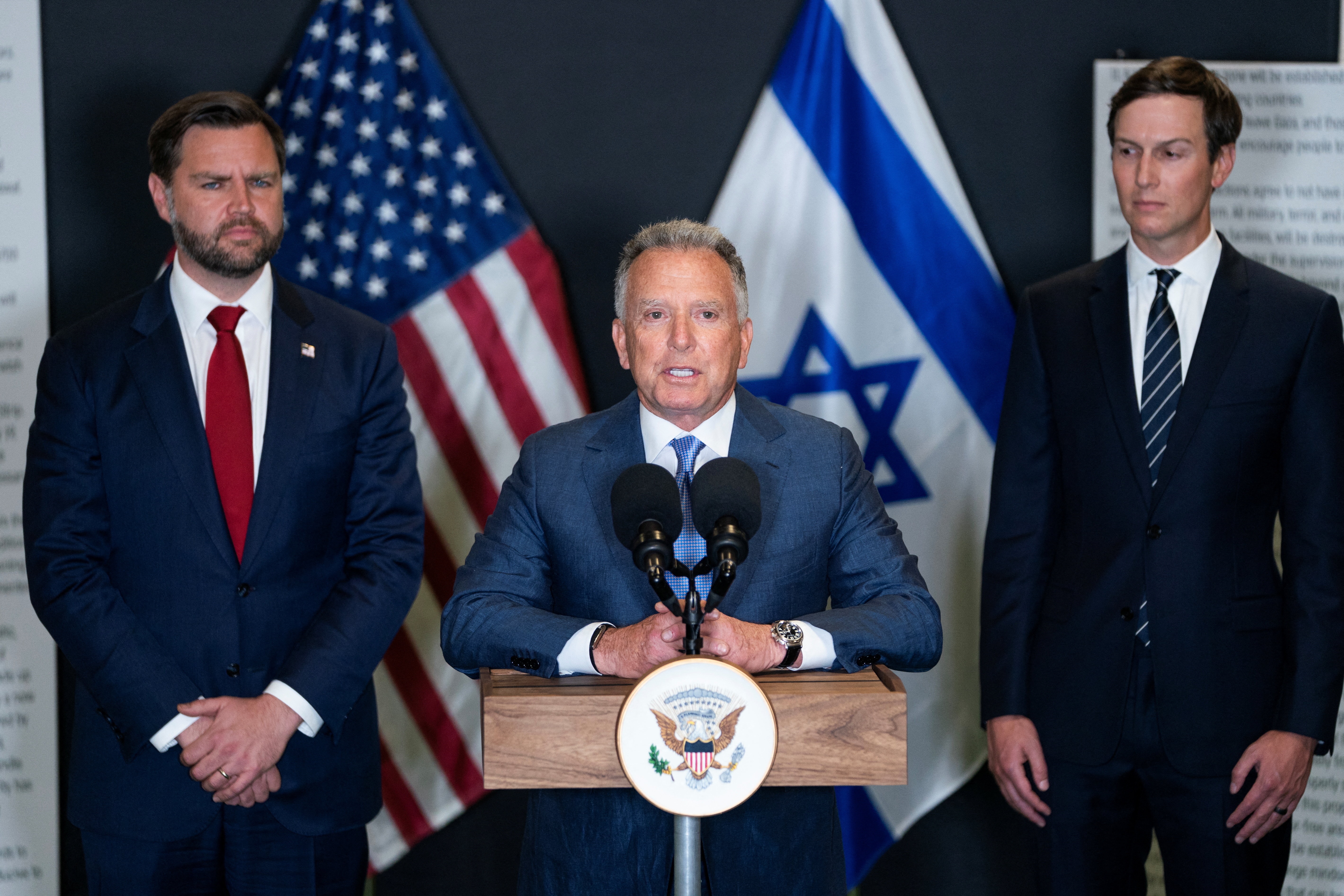 U.S. Special Envoy to the Middle East Steve Witkoff speaks to members of the media, next to U.S. Vice President JD Vance and Jared Kushner, following a military briefing at the Civilian Military Coordination Center in southern Israel October 21, 2025. Nathan Howard/Pool via REUTERS