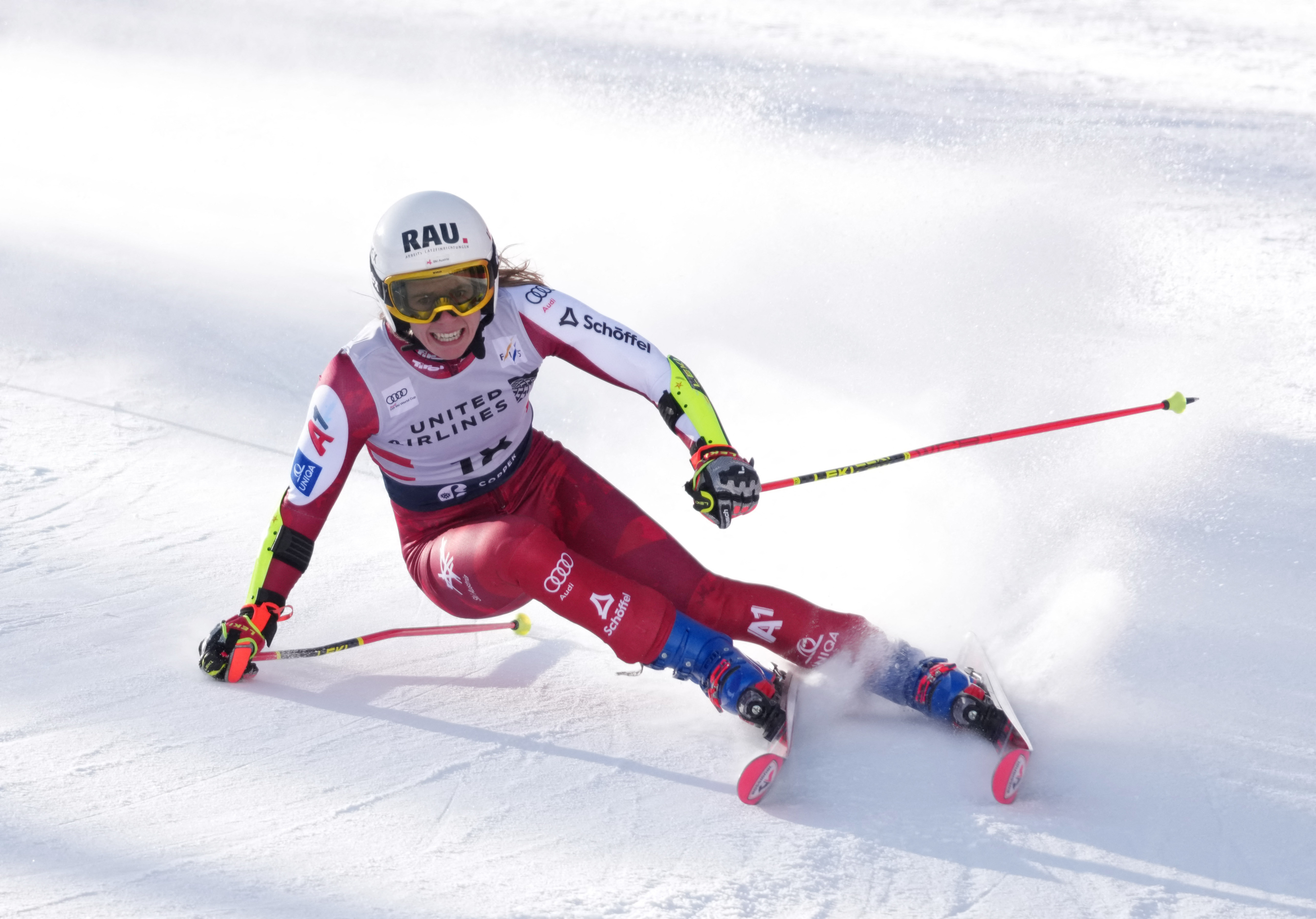 Katharina Liensberger of Austria during the first run of the women's giant slalom alpine skiing race at the Stifel Copper Cup at Copper Mountain