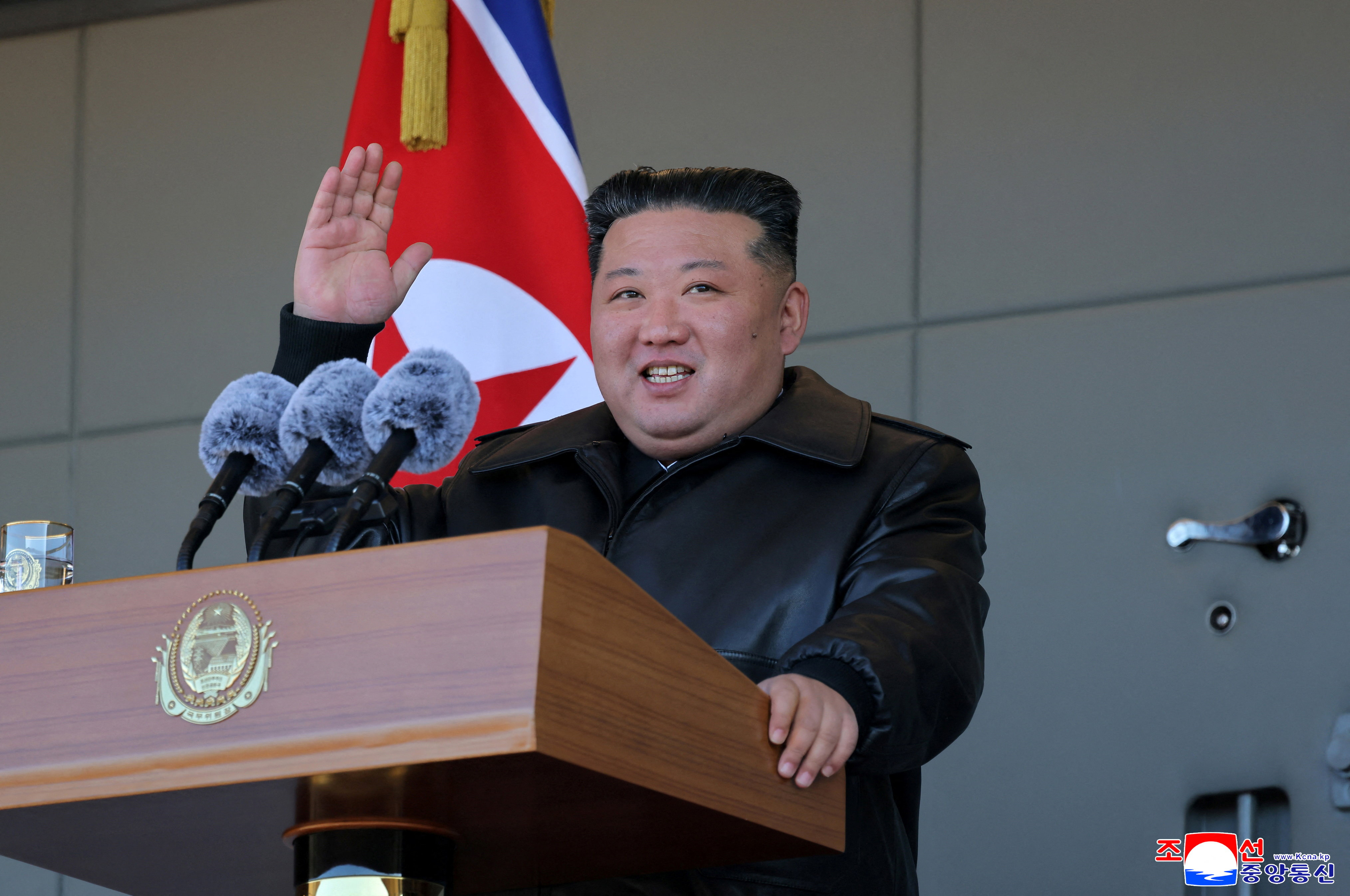 North Korean leader Kim Jong Un gestures as he visits a greenhouse farm construction site along the country's border with China, in North Korea, January 2, 2026, in this picture released by North Korea's official Korean Central News Agency.