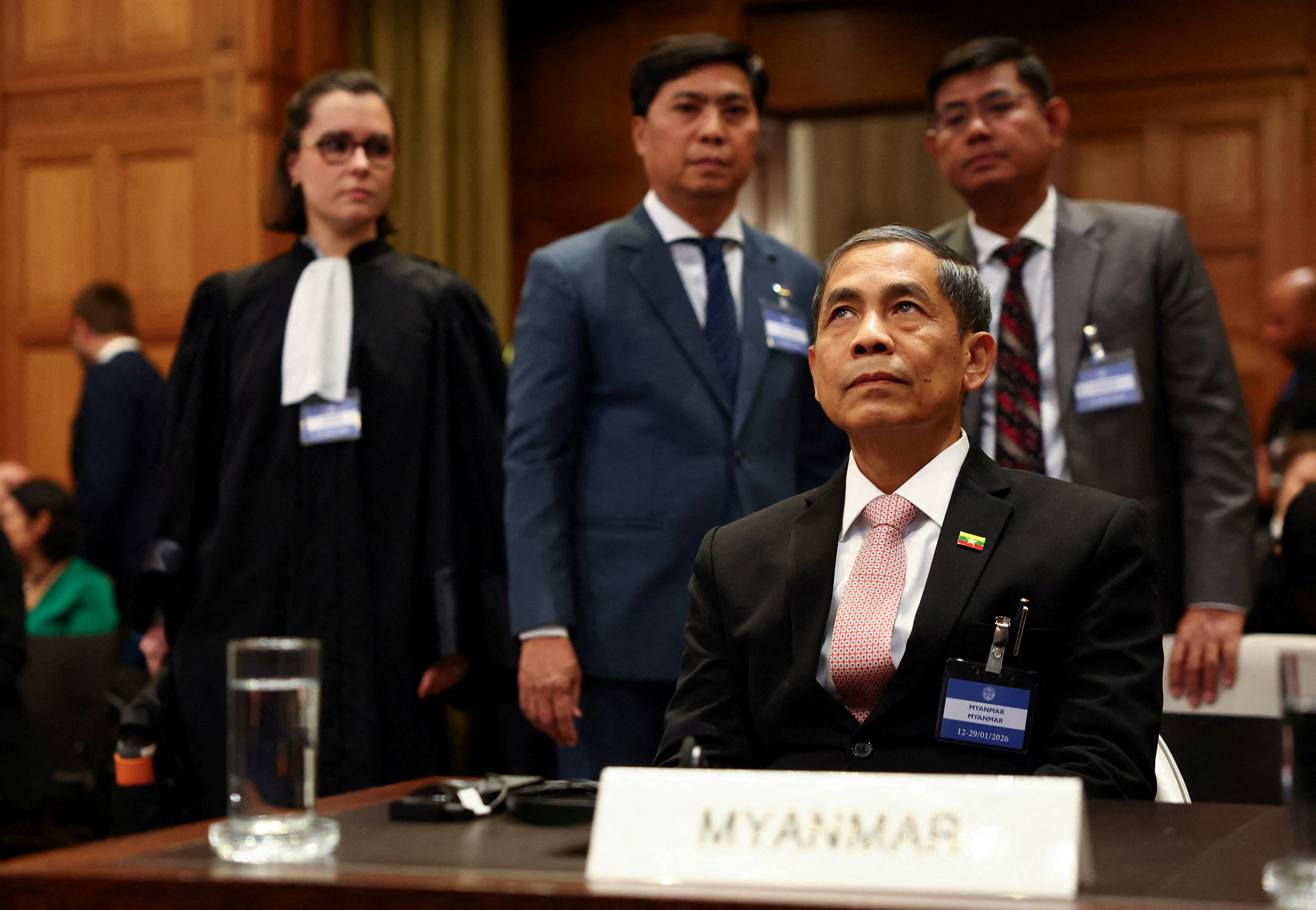 Myanmar's Union Minister for the Ministry of the President's Office Ko Ko Hlaing sits in the courtroom, as the International Court of Justice (ICJ) starts two weeks of hearings in a landmark case brought by Gambia, which accuses Myanmar of committing genocide against the Rohingya, a minority Muslim group, in The Hague, Netherlands, January 12, 2026. REUTERS/Piroschka van de Wouw TPX IMAGES OF THE DAY