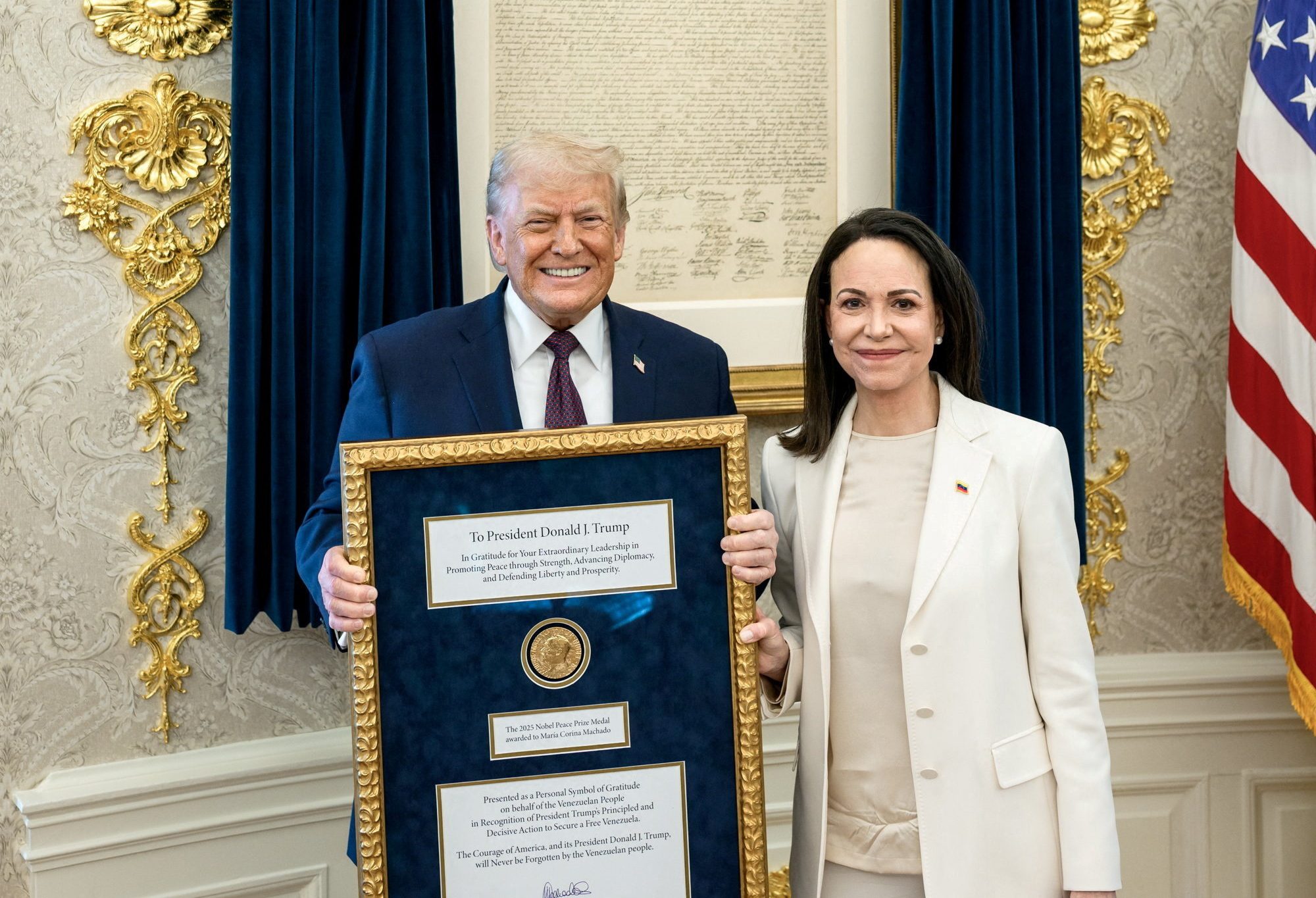 U.S. President Trump meets with Venezuelan opposition leader Maria Corina Machado in the Oval Office, during which she presented the President with her Nobel Peace Prize, in Washington, D.C, U.S., released Ja
