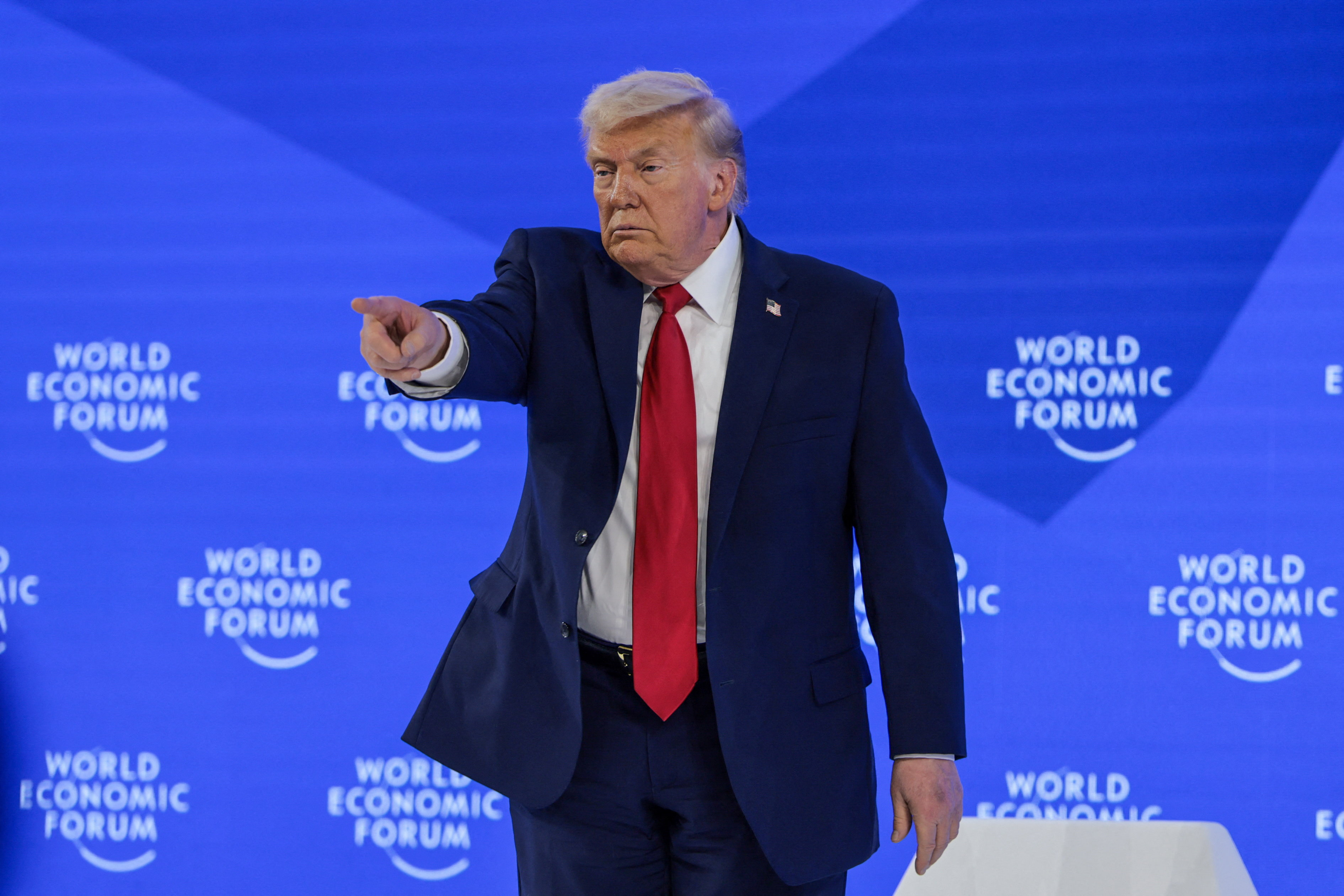 U.S. President Donald Trump gestures during the 56th annual World Economic Forum (WEF) in Davos, Switzerland