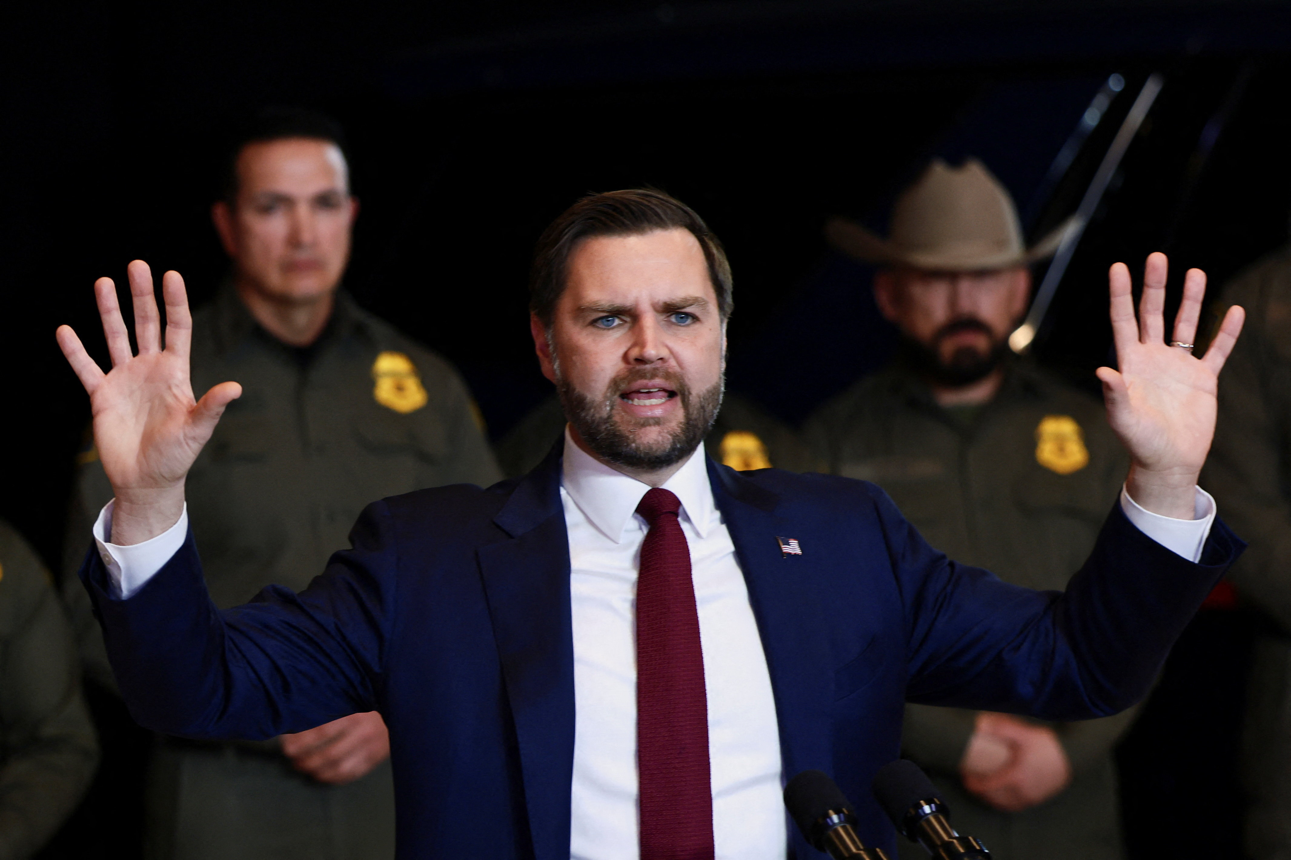 U.S. Vice President JD Vance gestures as he speaks at Royalston Square in Minneapolis, Minnesota