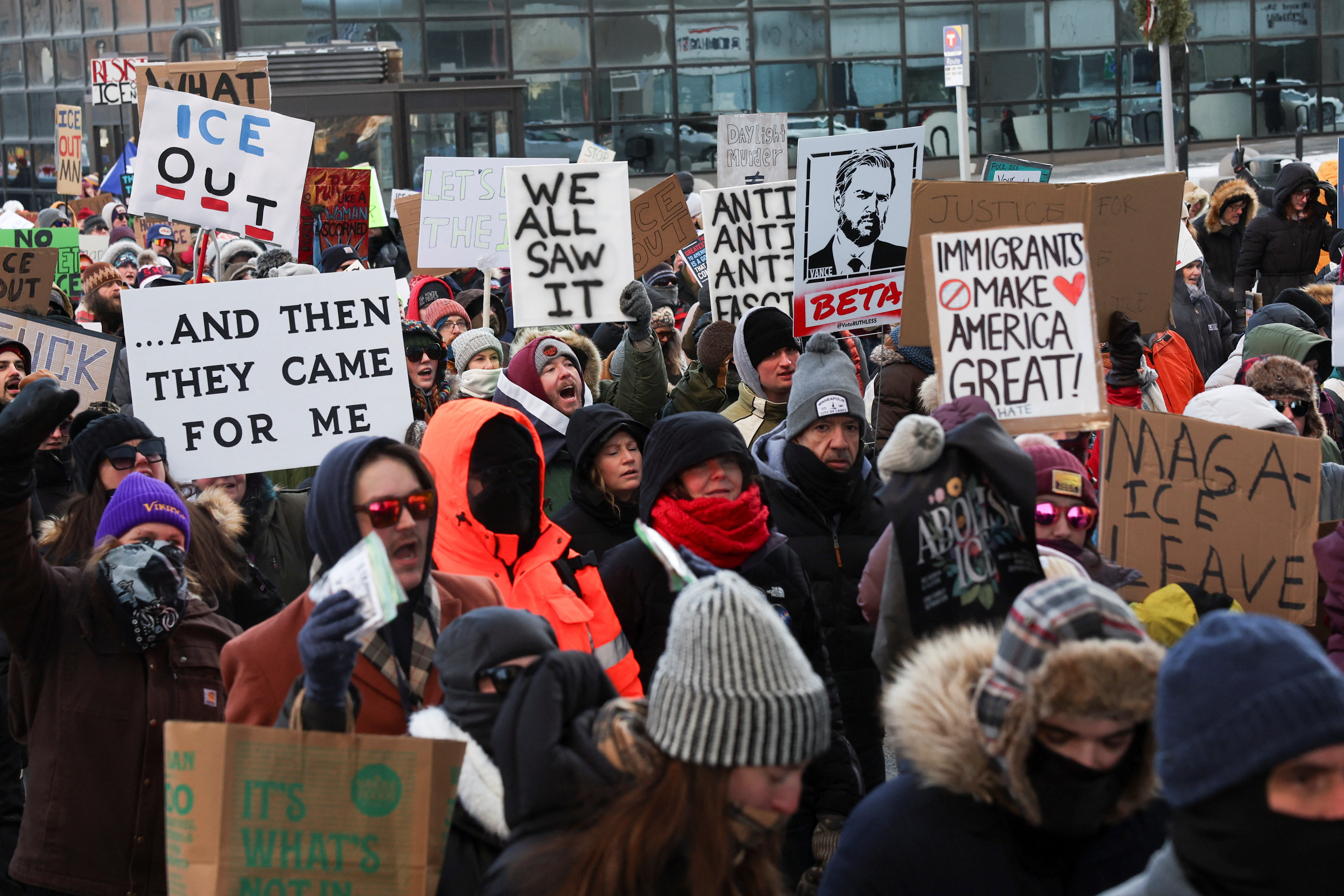 People take part in a demonstration a day after a man identified as Alex Pretti was fatally shot by federal immigration agents trying to detain him, in Minneapolis, Minnesota, January 25, 2026. [Shannon Stapleton/Reuters]