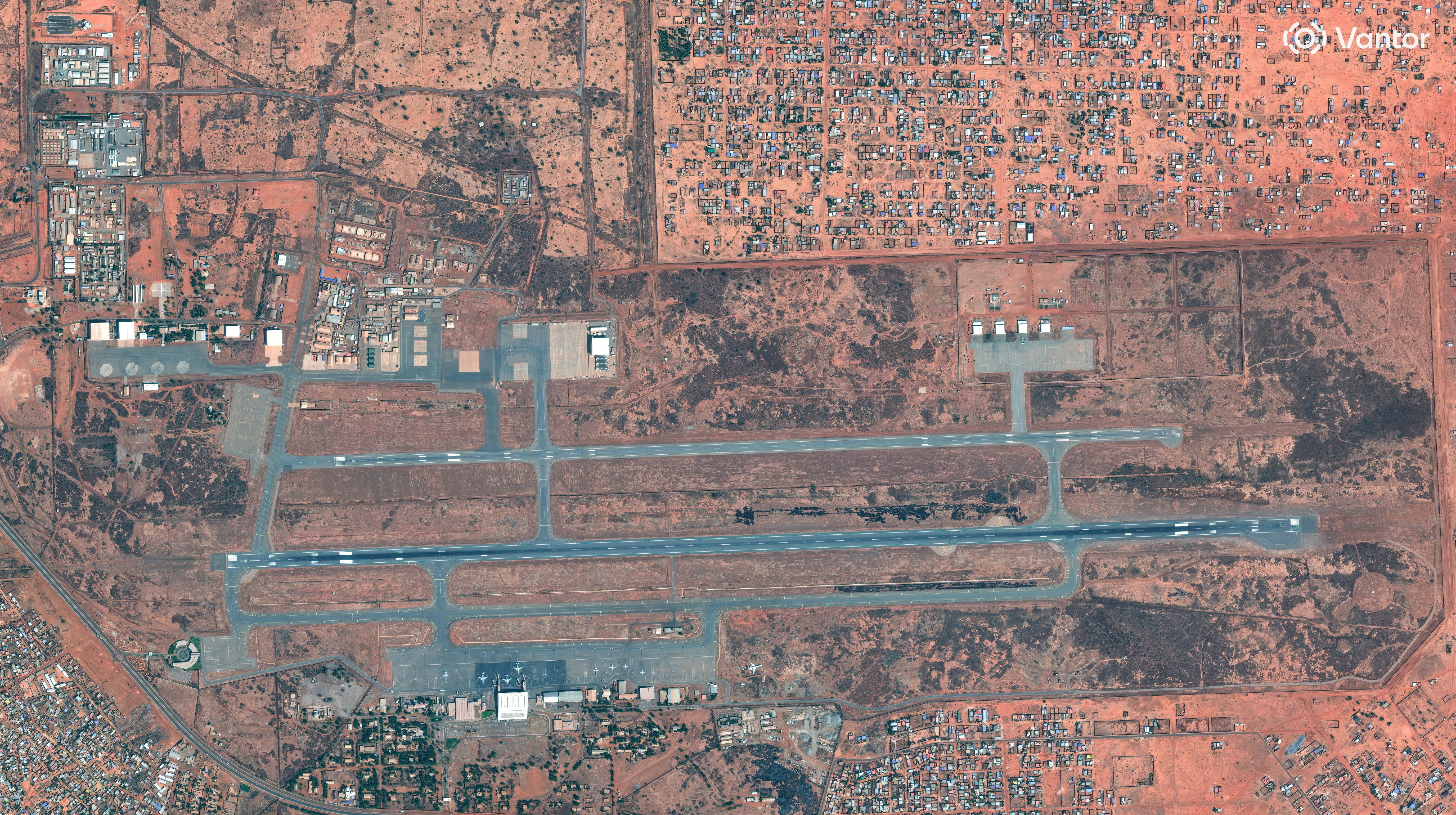 A satellite image shows Diori Hamani International Airport and military bases after gunfire and explosions, in Niamey, Niger