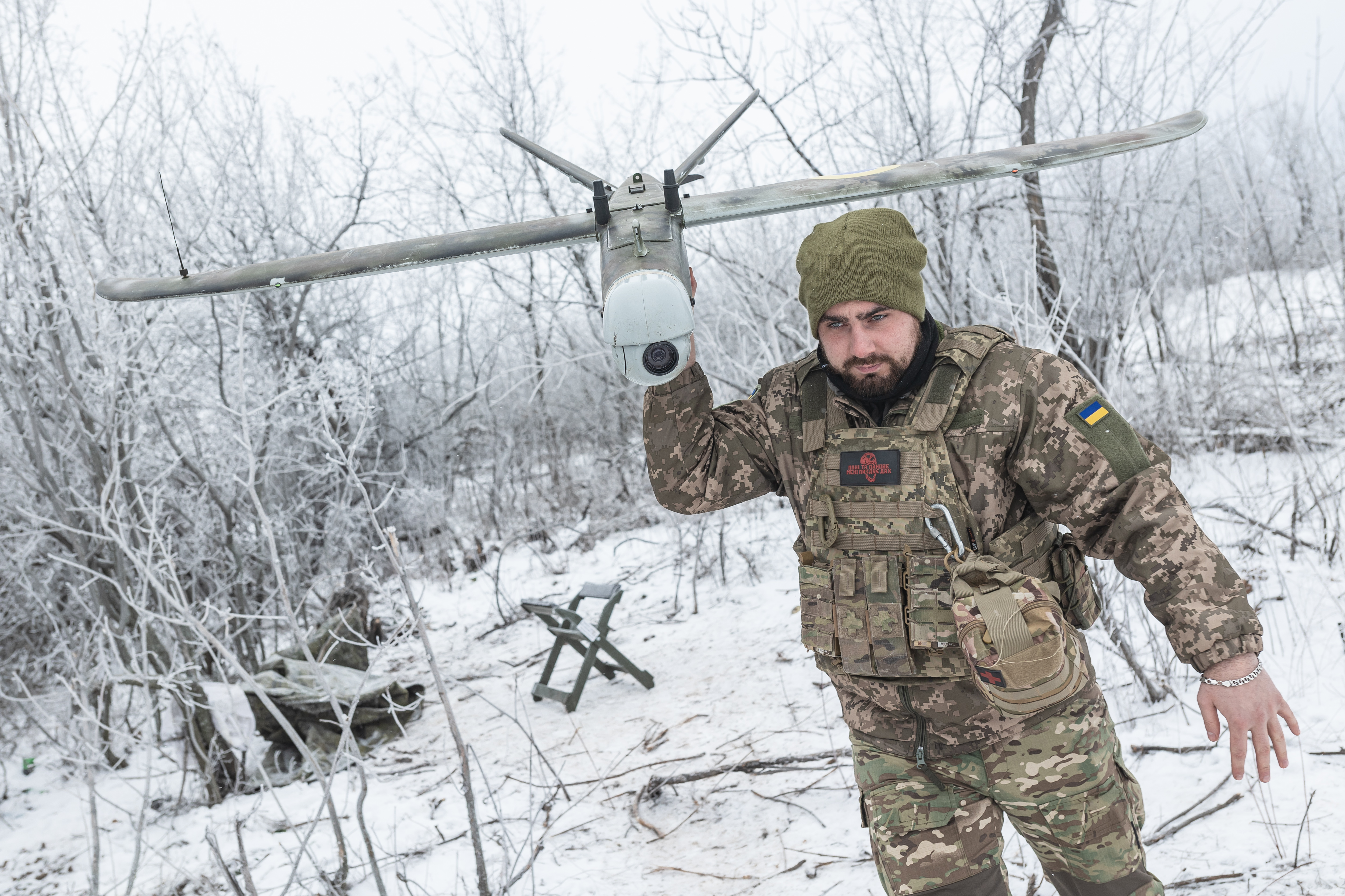 DONETSK OBLAST, UKRAINE - JANUARY 22: A Ukrainian soldier prepares a reconnaissance drone at a combat position in the direction of Kostiantynivka, amid the ongoing Russia-Ukraine war in Donetsk Oblast, Ukraine on January 22, 2026. ( Diego Herrera Carcedo - Anadolu Agency )