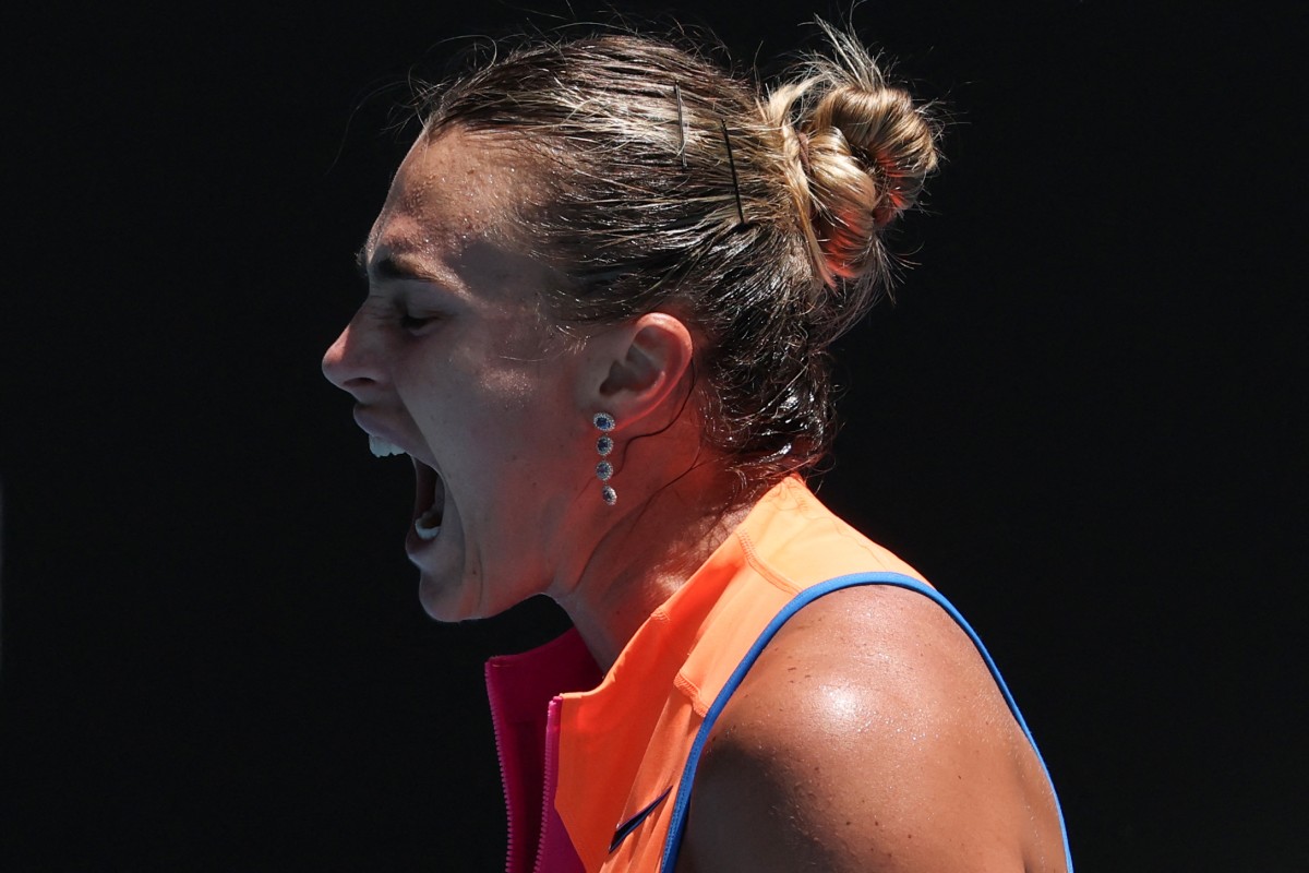 Belarus' Aryna Sabalenka reacts after a point against Canada's Victoria Mboko during their women's singles match on day eight of the Australian Open tennis tournament in Melbourne on January 25, 2026. (Photo by DAVID GRAY / AFP) / -- IMAGE RESTRICTED TO EDITORIAL USE - STRICTLY NO COMMERCIAL USE --
