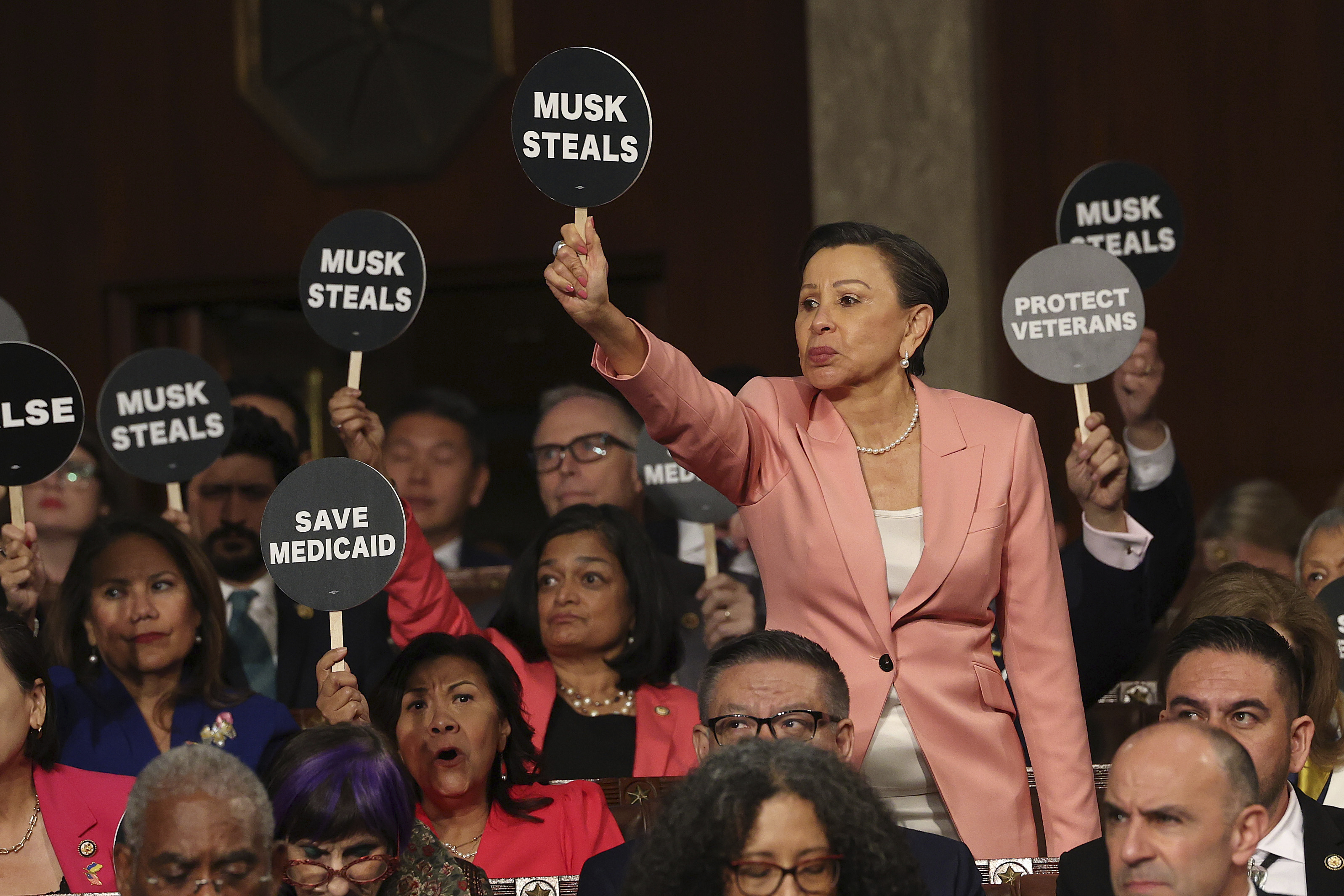 Democrats hold up signs that read, "Musk Steals."