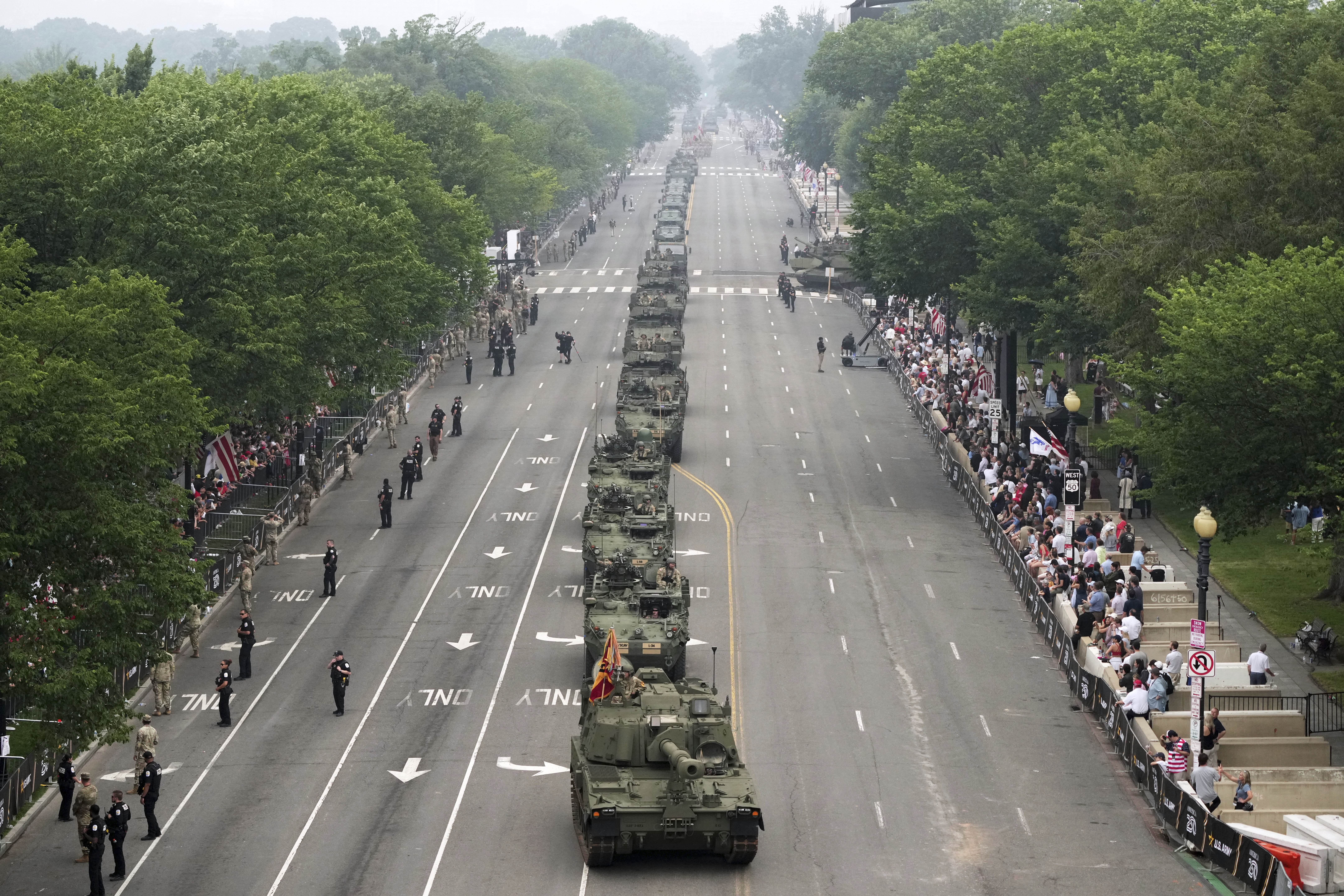 A line of tanks snakes down a Washington road