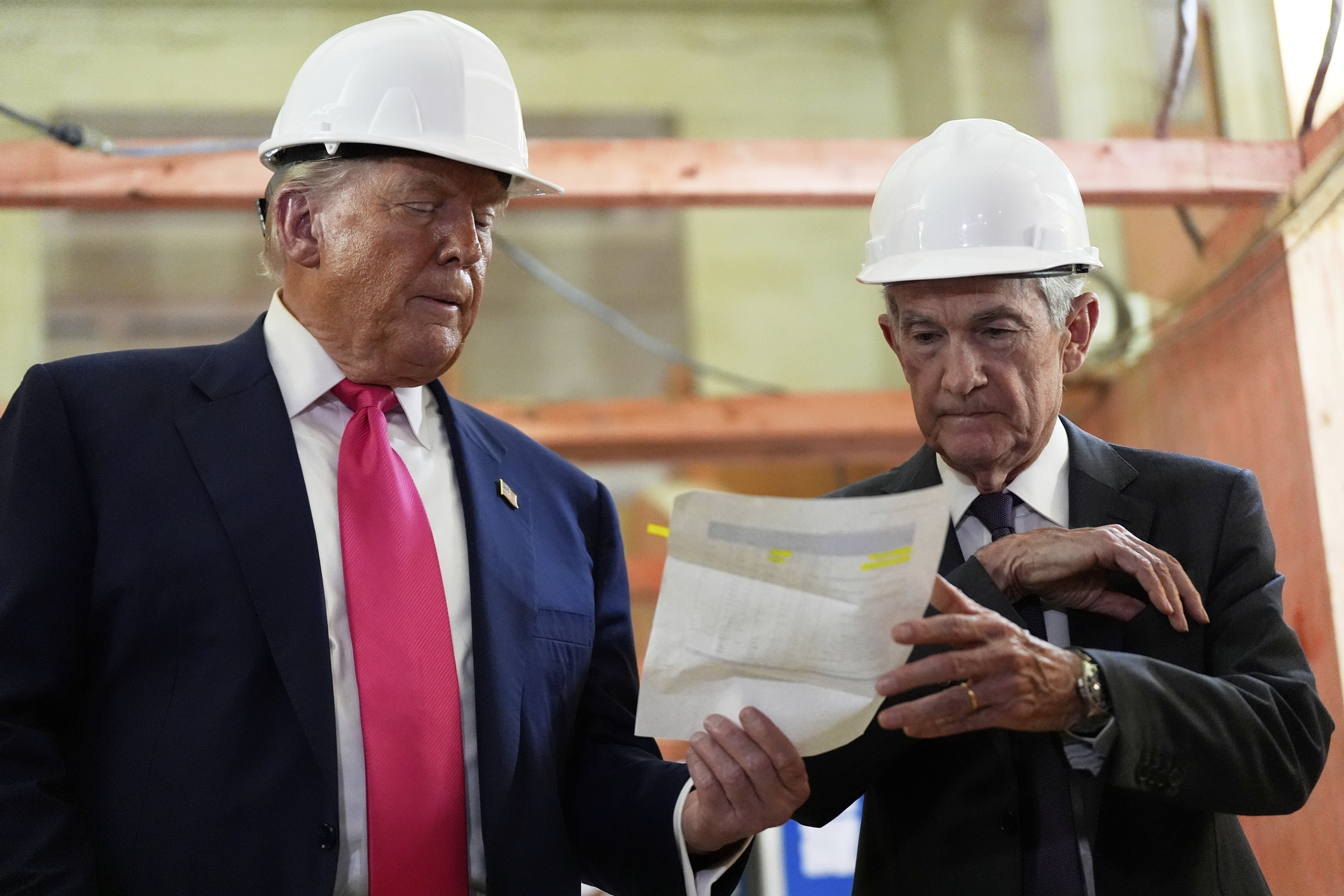 Trump and Jerome Powell in hard hats