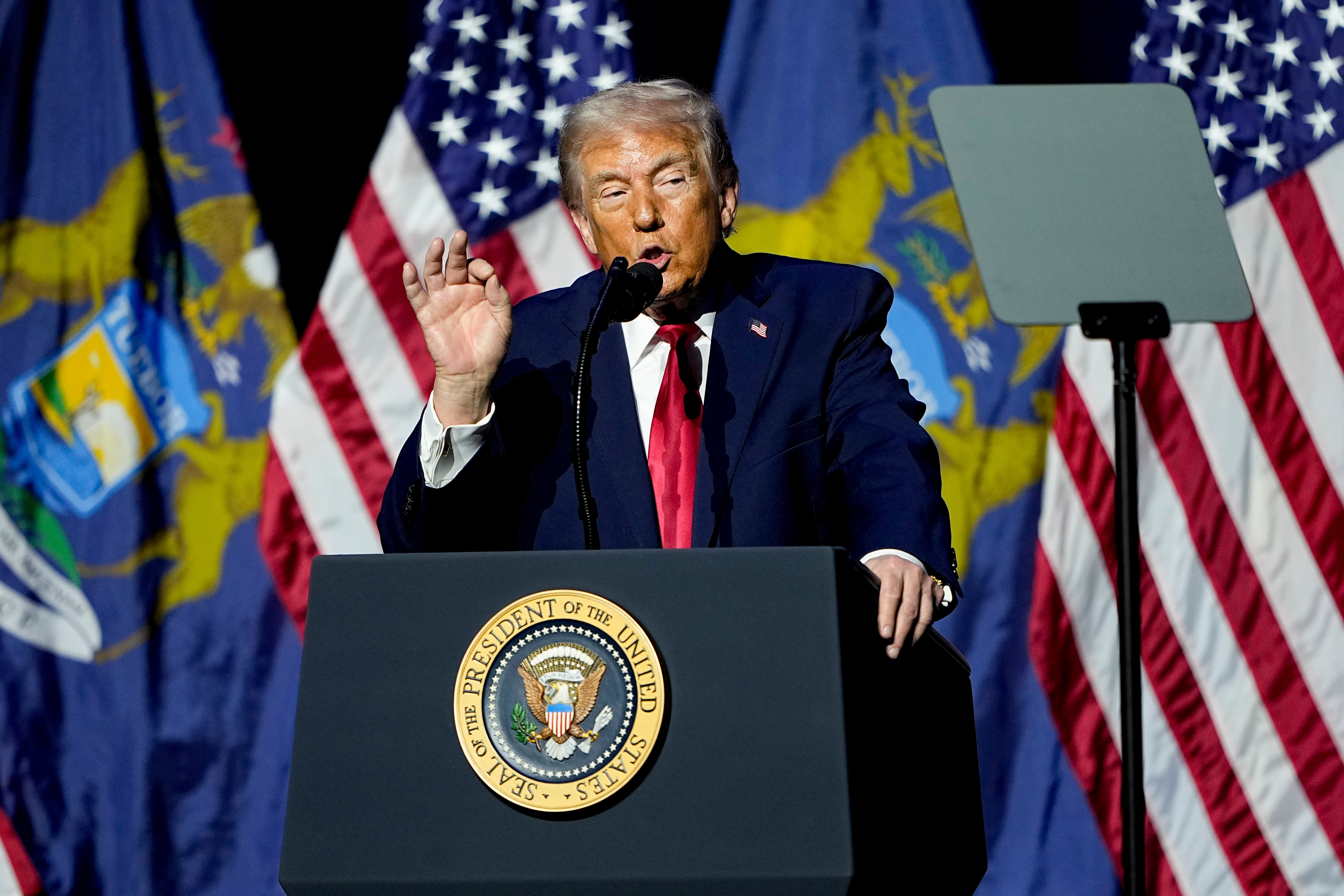 US President Donald Trump speaks at the Detroit Economic Club on January 13, 2026 in Detroit, Michigan.