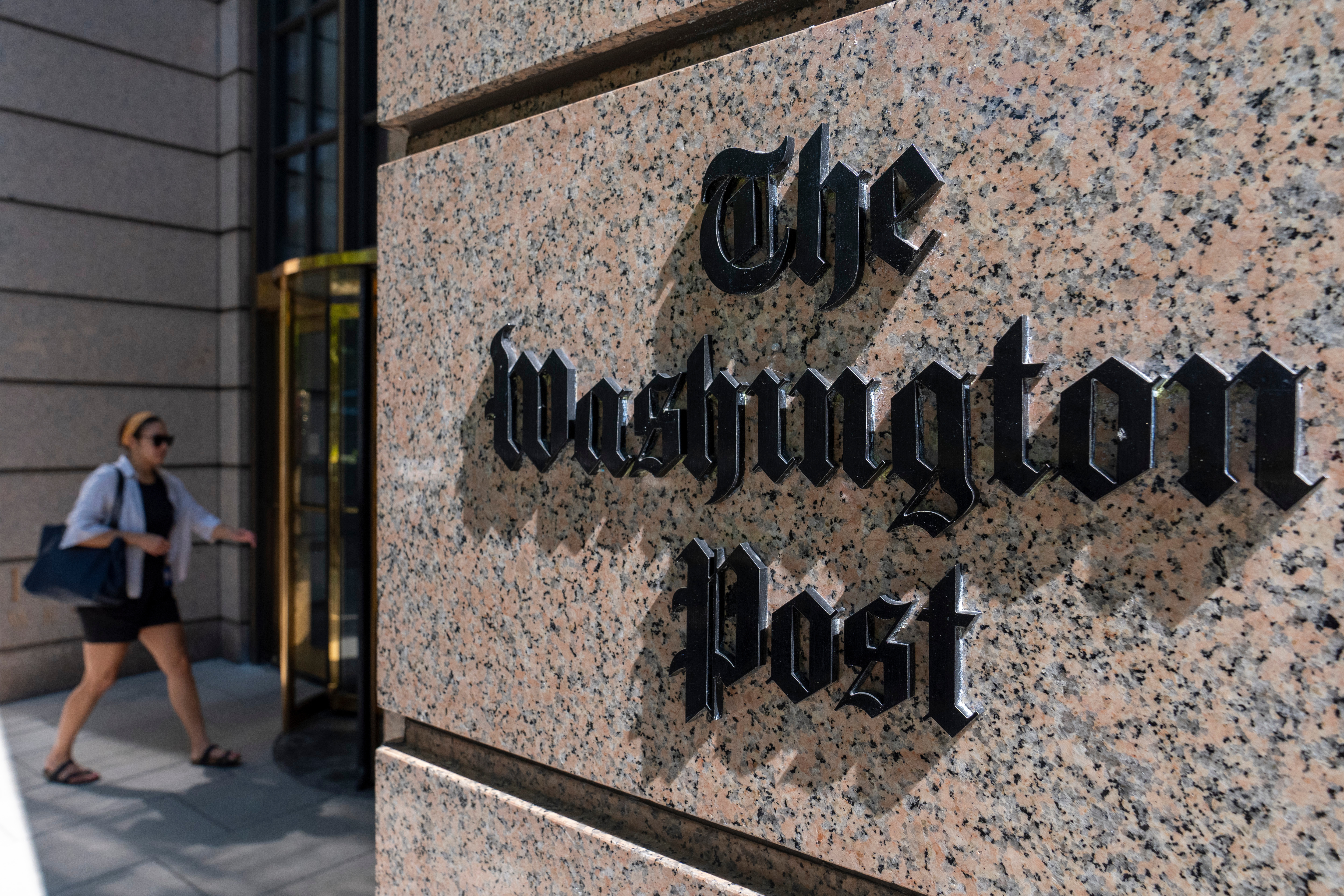 A logo sign outside the Washington Post offices