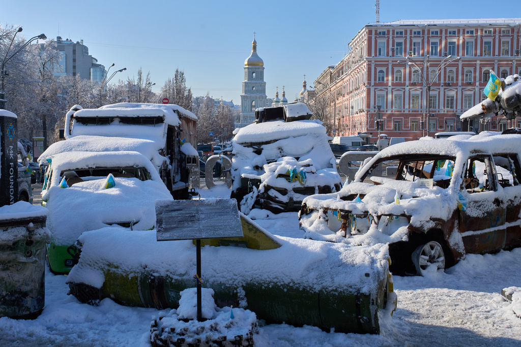 Snow-covered vehicles in Kyiv, Ukraine