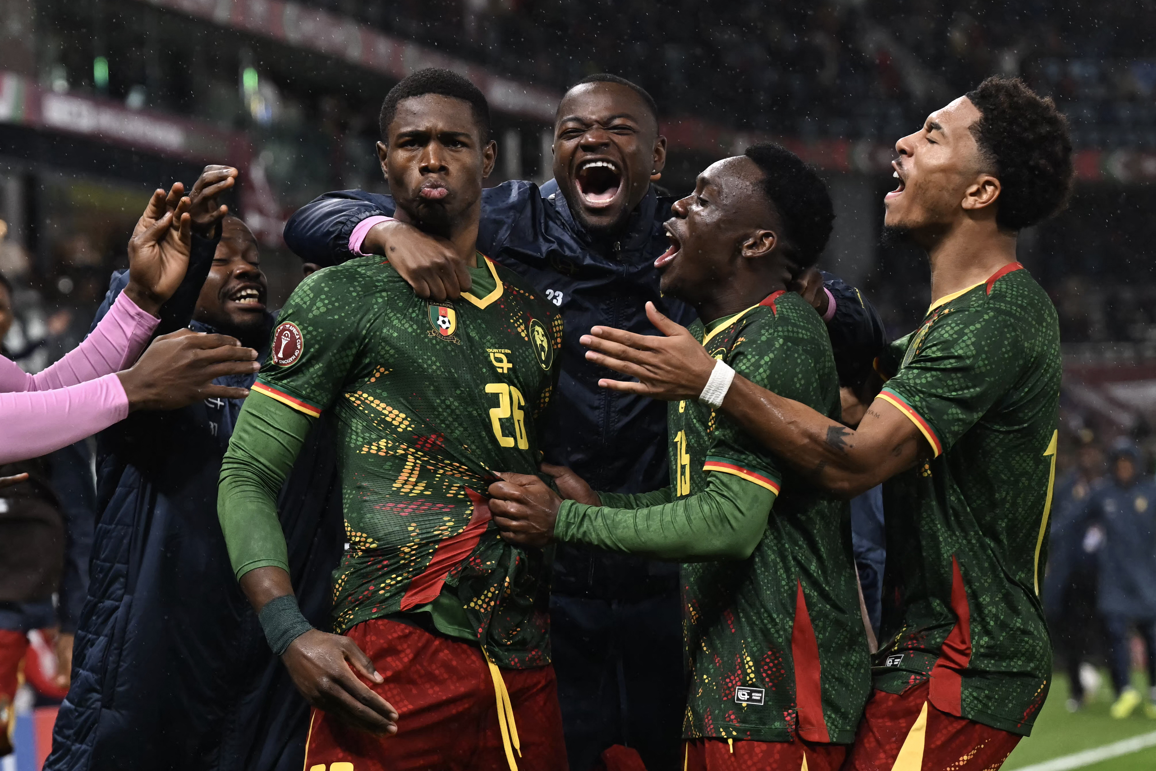 TOPSHOT - Cameroon's forward #26 Christian Kofane celebrates scoring his team's second goal during the Africa Cup of Nations (CAN) round of 16 football match between South Africa and Cameroon at Al Medina Stadium in Rabat on January 4, 2026.