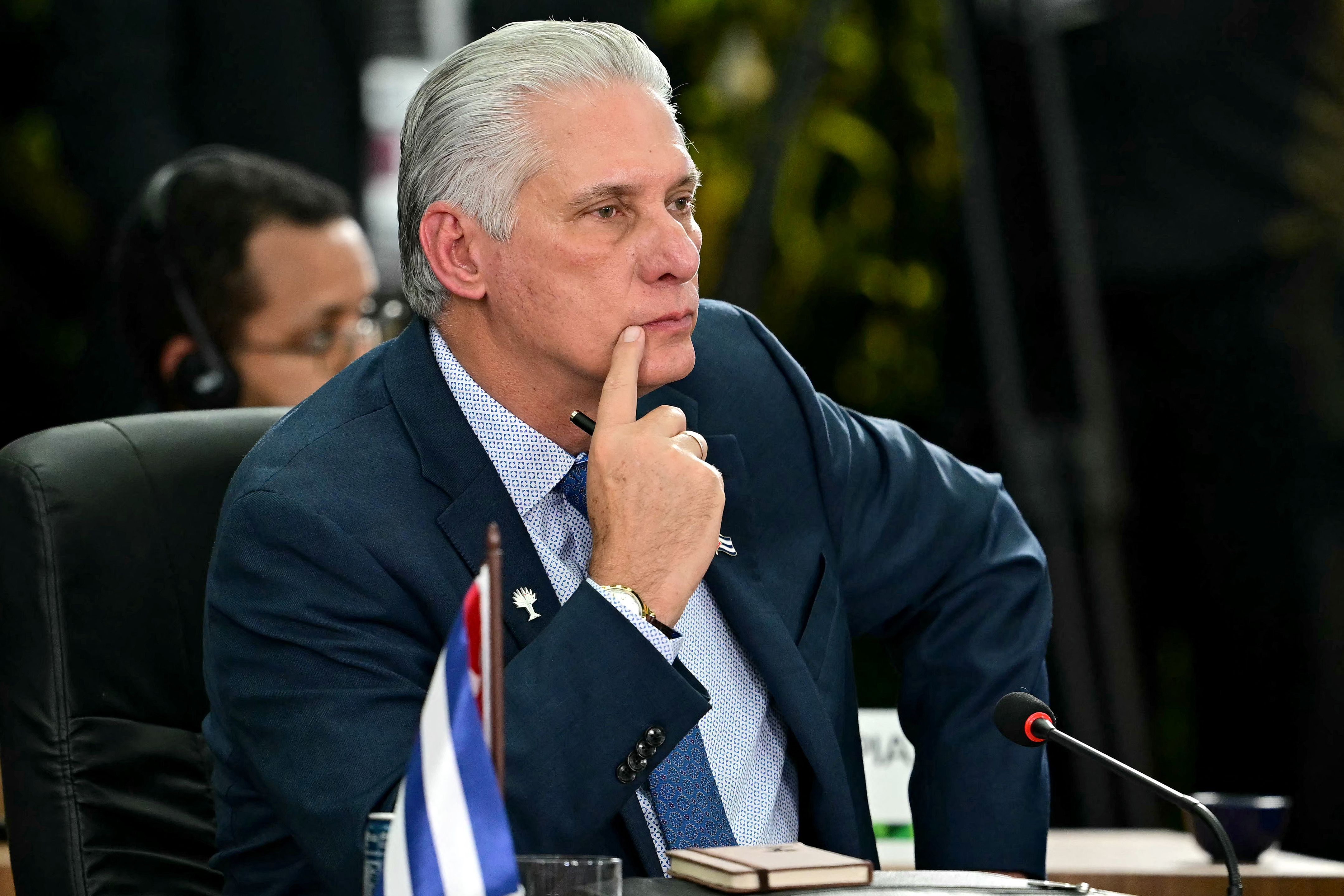 (FILES) Cuba's President Miguel Diaz-Canel gestures during the BRICS summit second plenary session in Rio de Janeiro, Brazil, on July 6, 2025.
