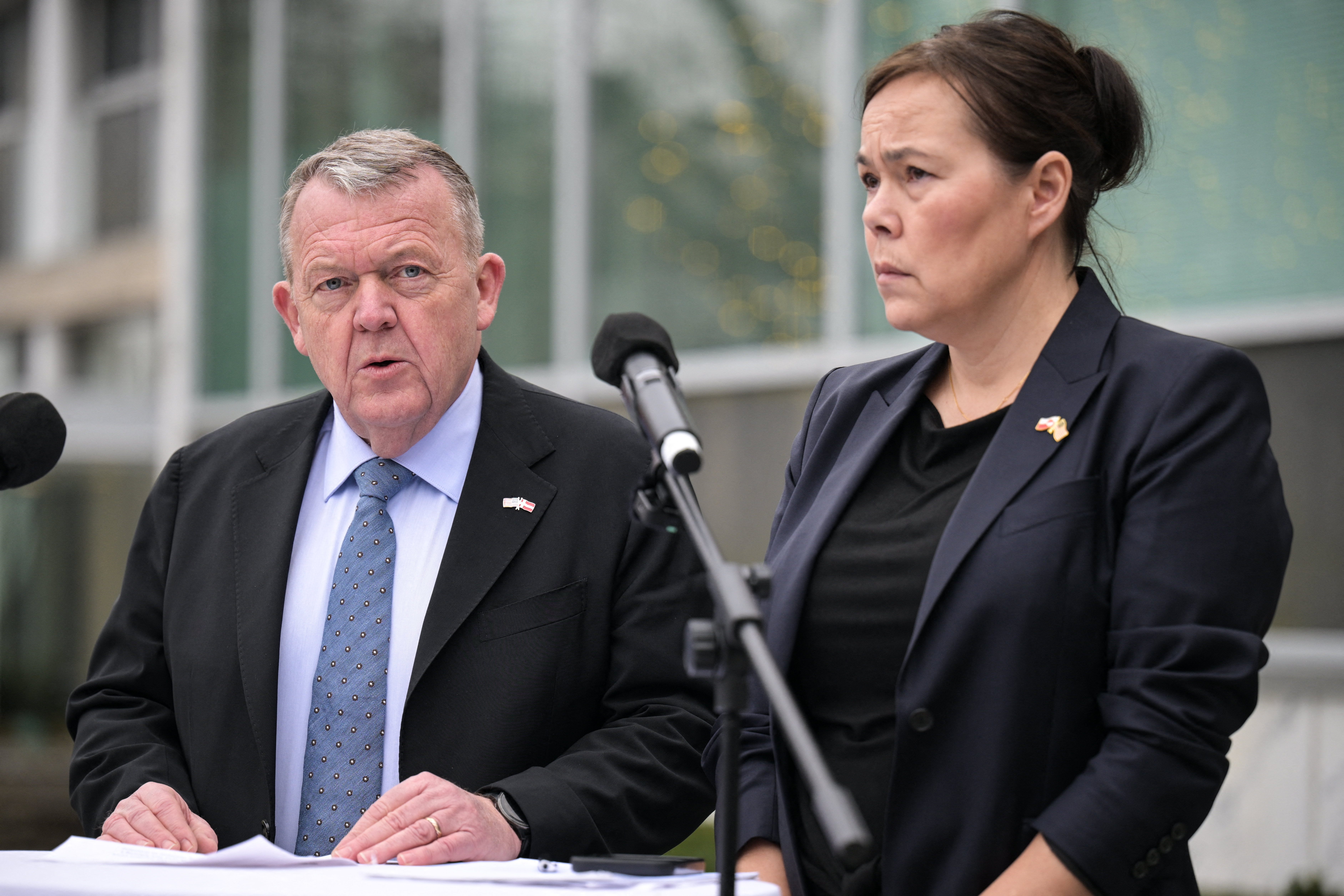 (L/R) Danish Foreign Minister Lars Løkke Rasmussen and Greenland's Foreign Minister Vivian Motzfeldt speak during a news conference at the Danish Embassy in Washington, DC, on January 14, 2026.