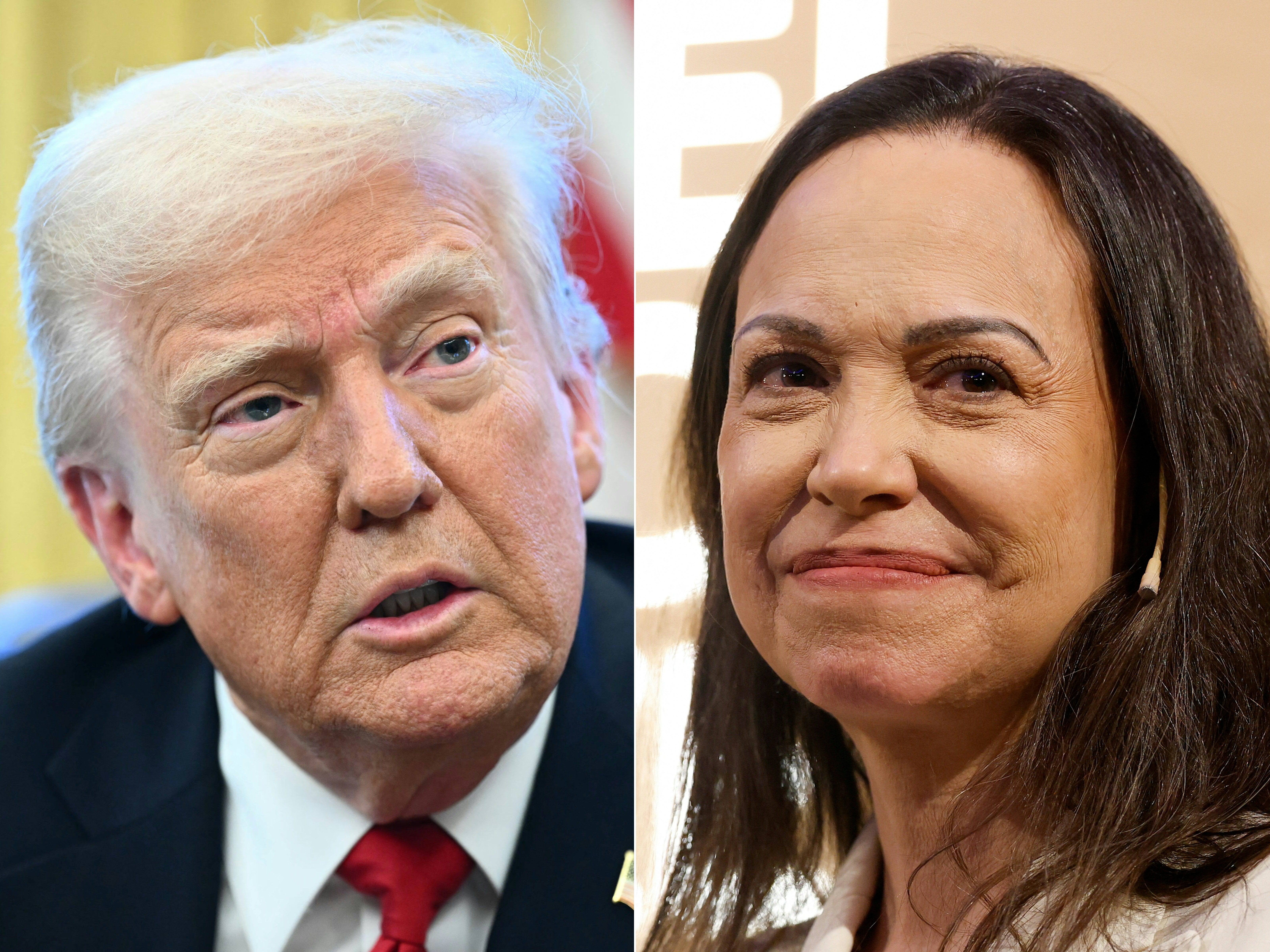 This combination of pictures created on January 14, 2026 shows US President Donald Trump at the White House in Washington, DC, on March 26, 2025 and Nobel peace laureate Maria Corina Machado in Oslo, Norway, on December 11, 2025.
