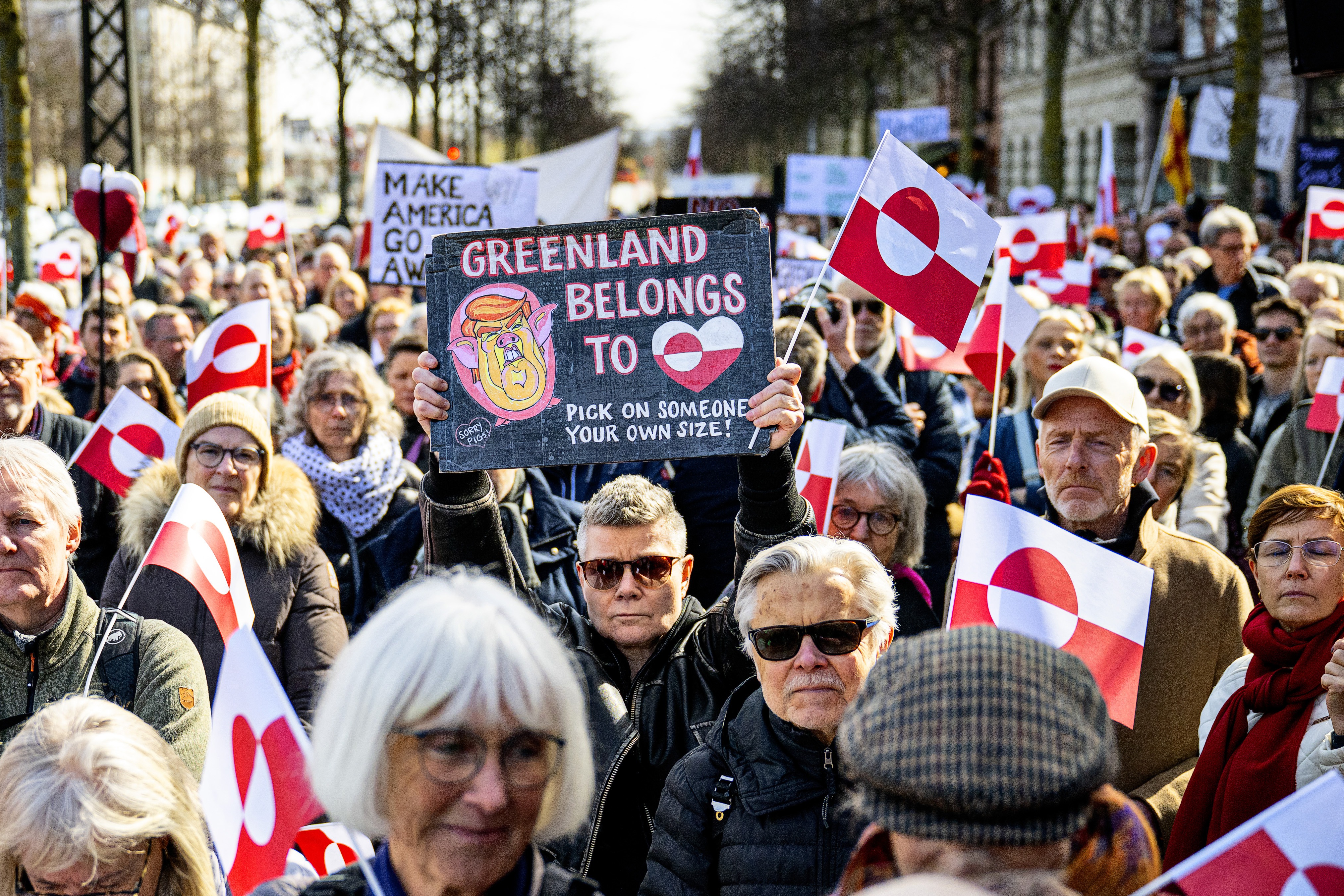 epa11997091 People gather for a protest outside the Embassy of the United States of America in Copenhagen, Denmark, 29 March 2025. Denmarks prime minister said on 25 March that the United States were exerting an 'unacceptable pressure' on Greenland, after the Trump administration had reiterated the previous day the suggestion to take over the semi-autonomous territory. EPA/NILS MEILVANG DENMARK OUT