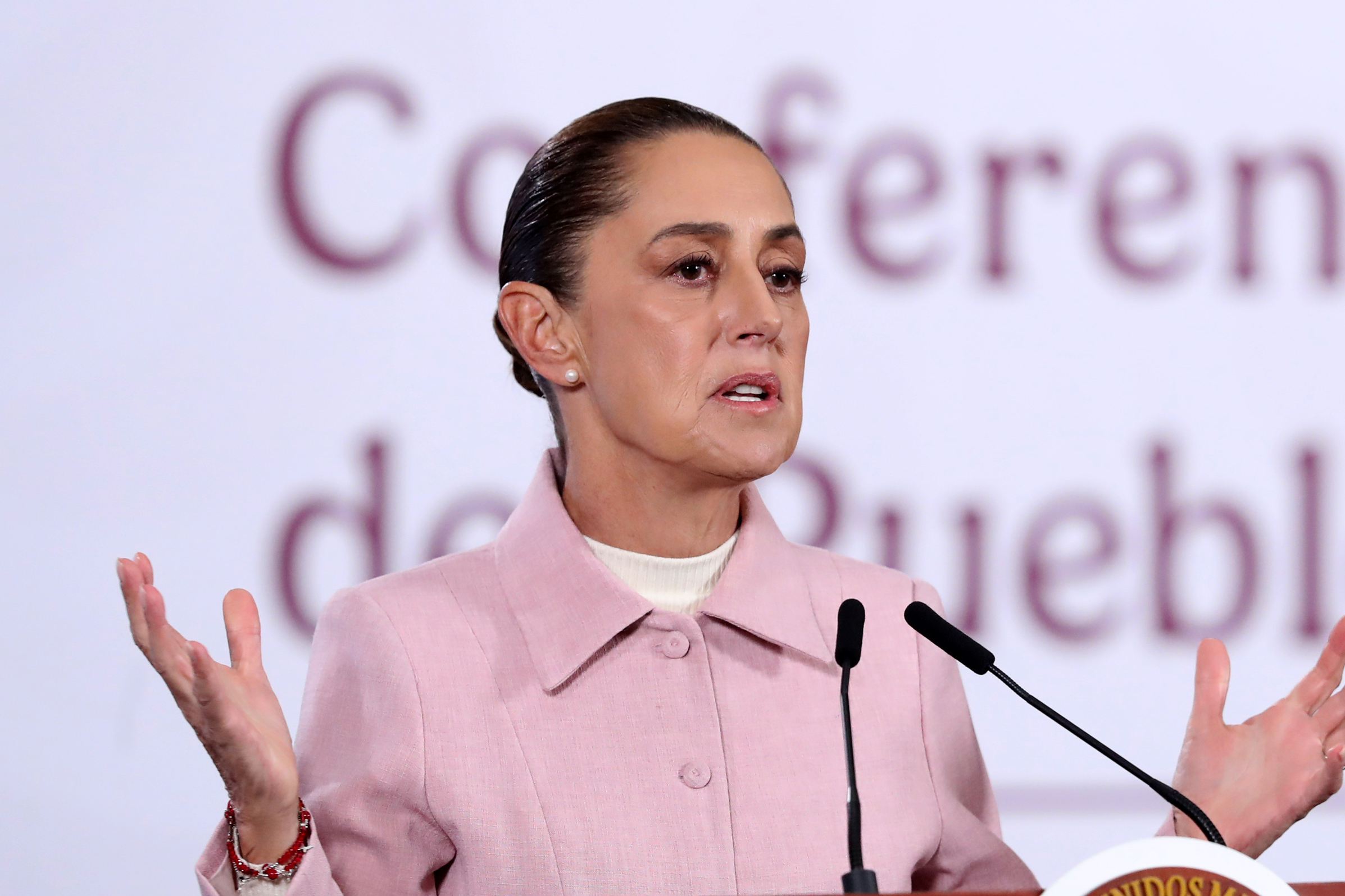 Mexican President Claudia Sheinbaum speaks at a press conference at the National Palace in Mexico City, Mexico, 09 February 2026. [Mario Guzman/EPA]