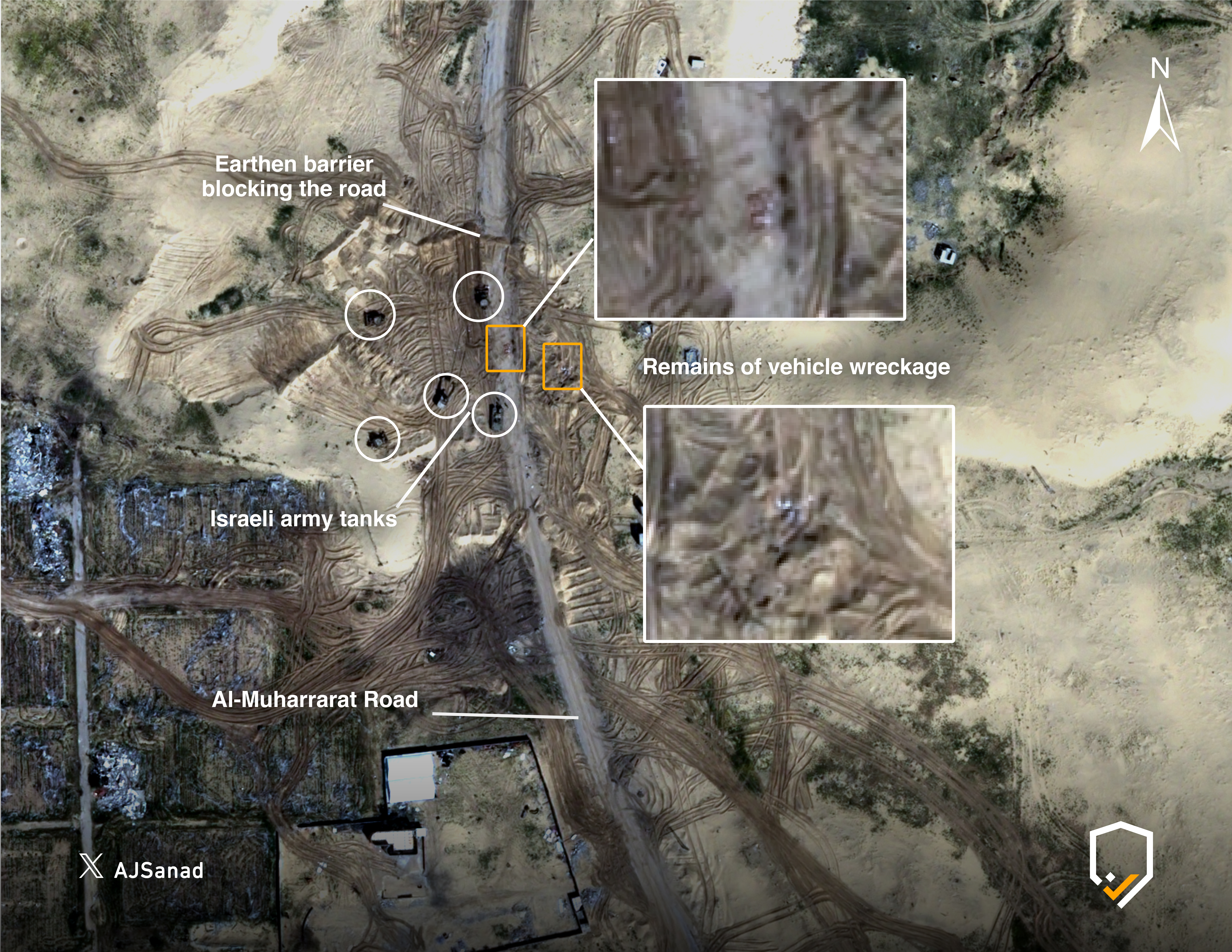 Exclusive satellite imagery obtained by Al Jazeera’s Sanad agency reveals the destruction and burial of Palestinian Red Crescent and Civil Defence vehicles in Rafah. [Sanad/Al Jazeera]