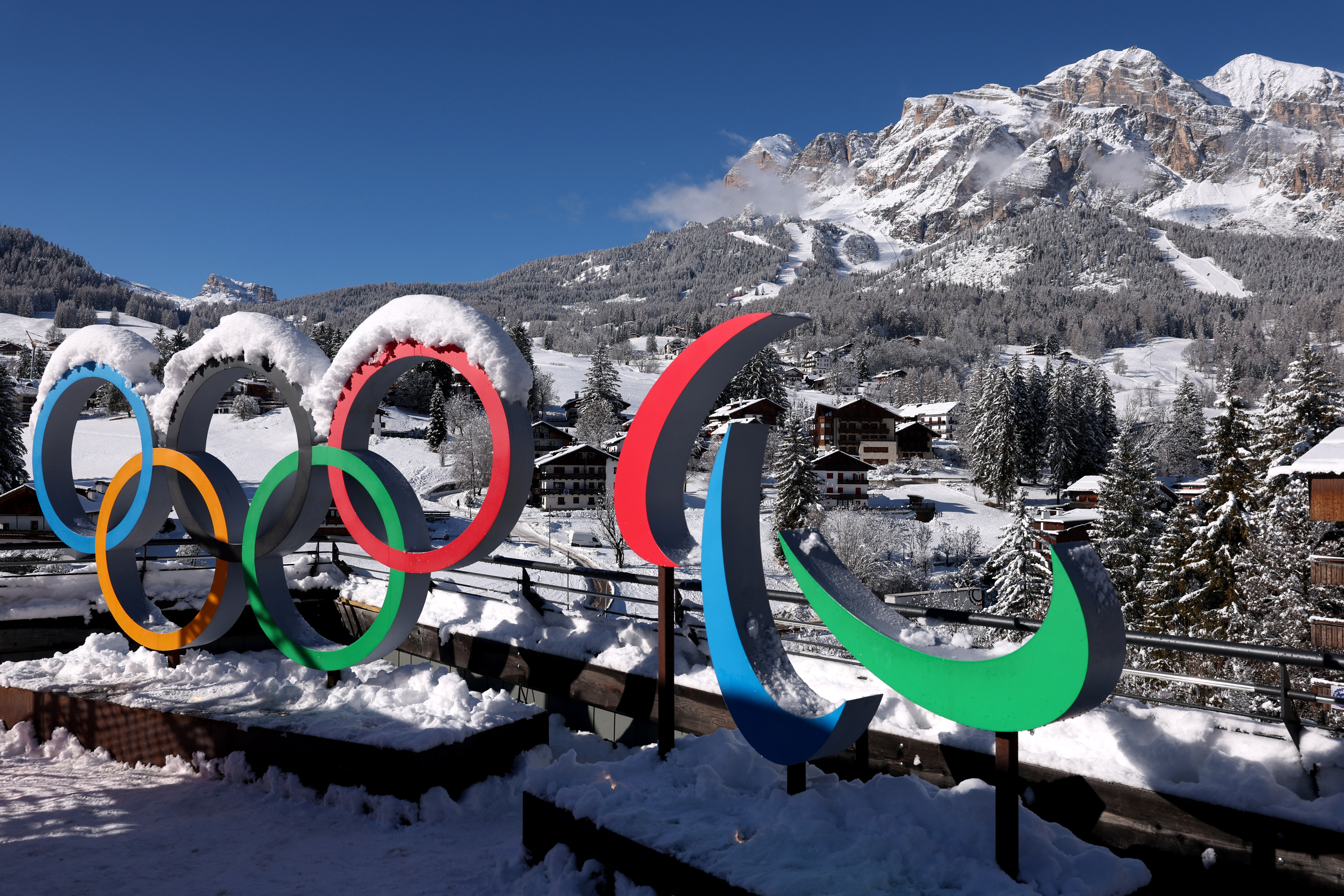 General view of the Olympic rings and the Paralympics Agitos logo at the Milano Cortina 2026 Winter Olympics