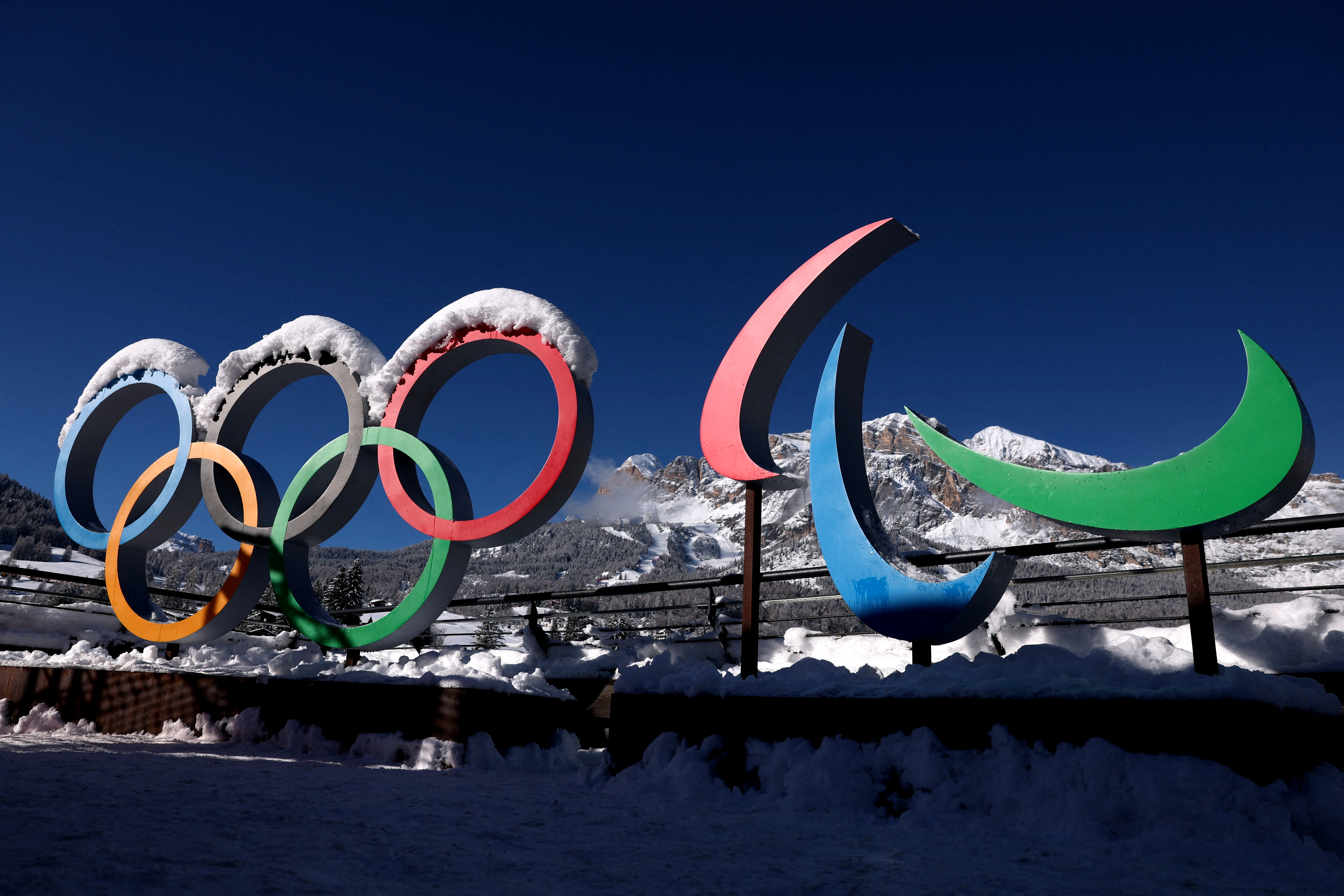 General view of the Olympic rings and the Paralympics Agitos logo.