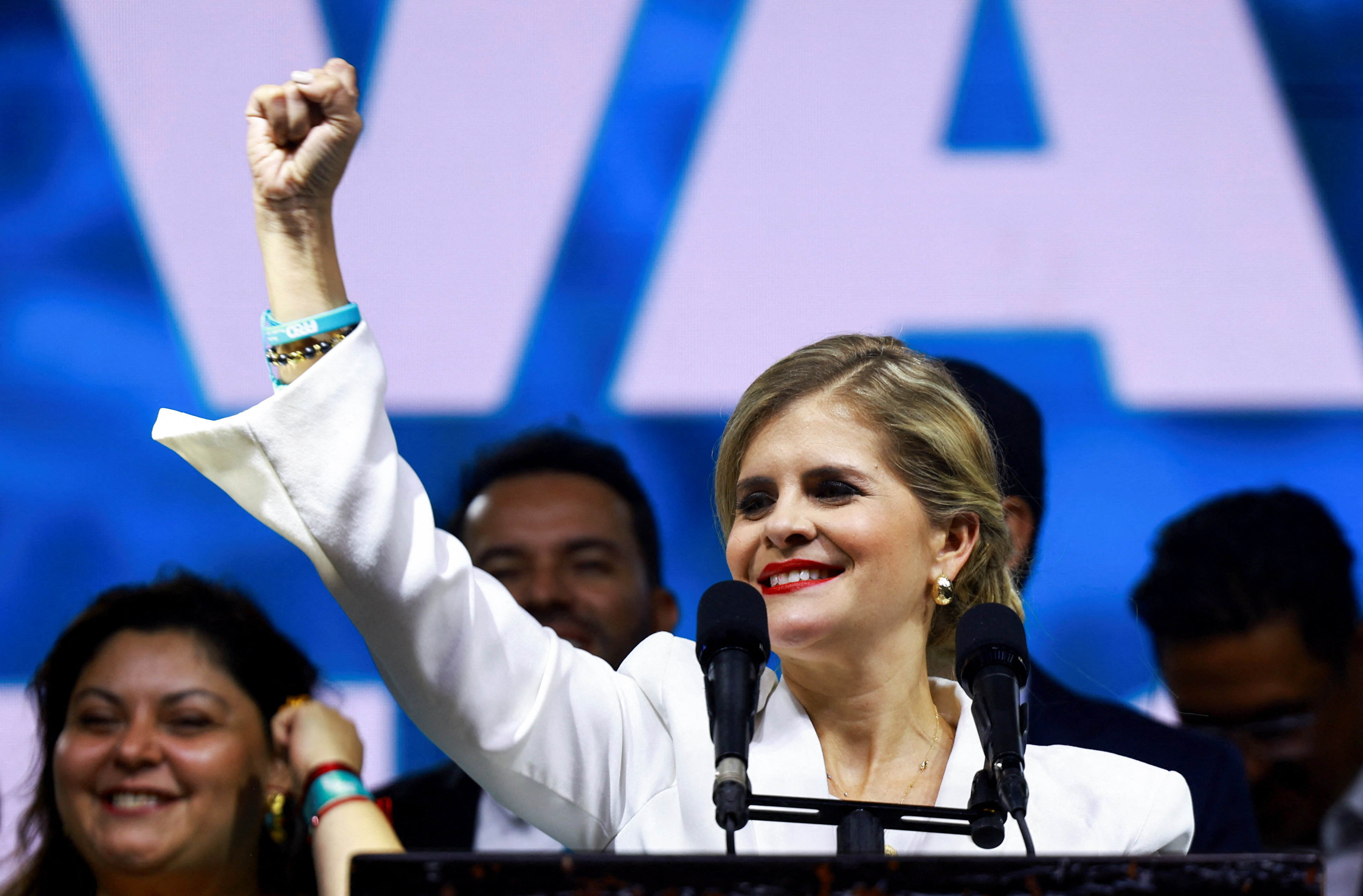 Presidential candidate Laura Fernandez of the Sovereign People's Party (PPSO) reacts onstage as she leads the general election, in San Jose, Costa Rica, February 1, 2026. REUTERS/Raquel Cunha