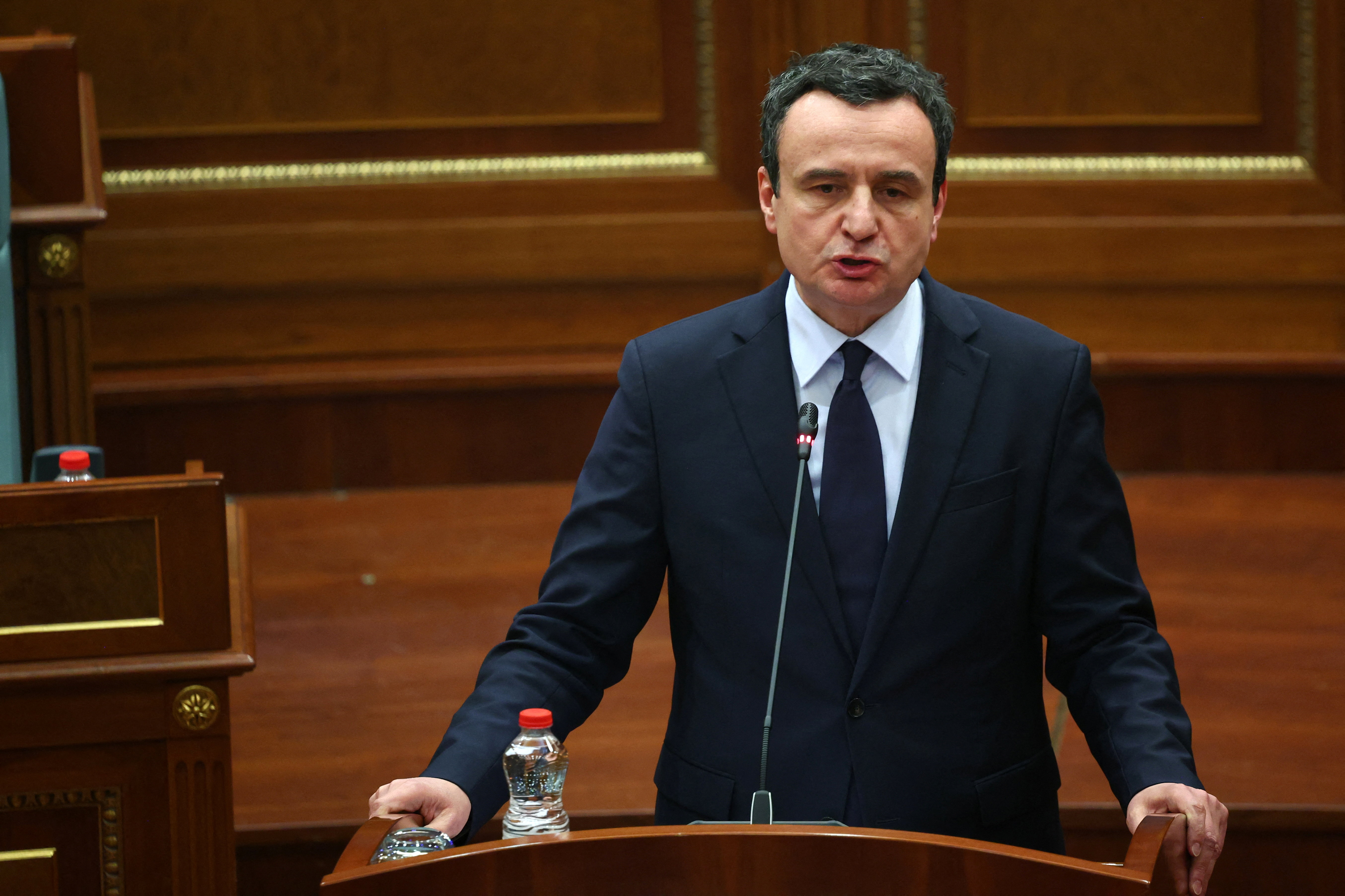 Kosovo's newly elected Albin Kurti delivers a speech.