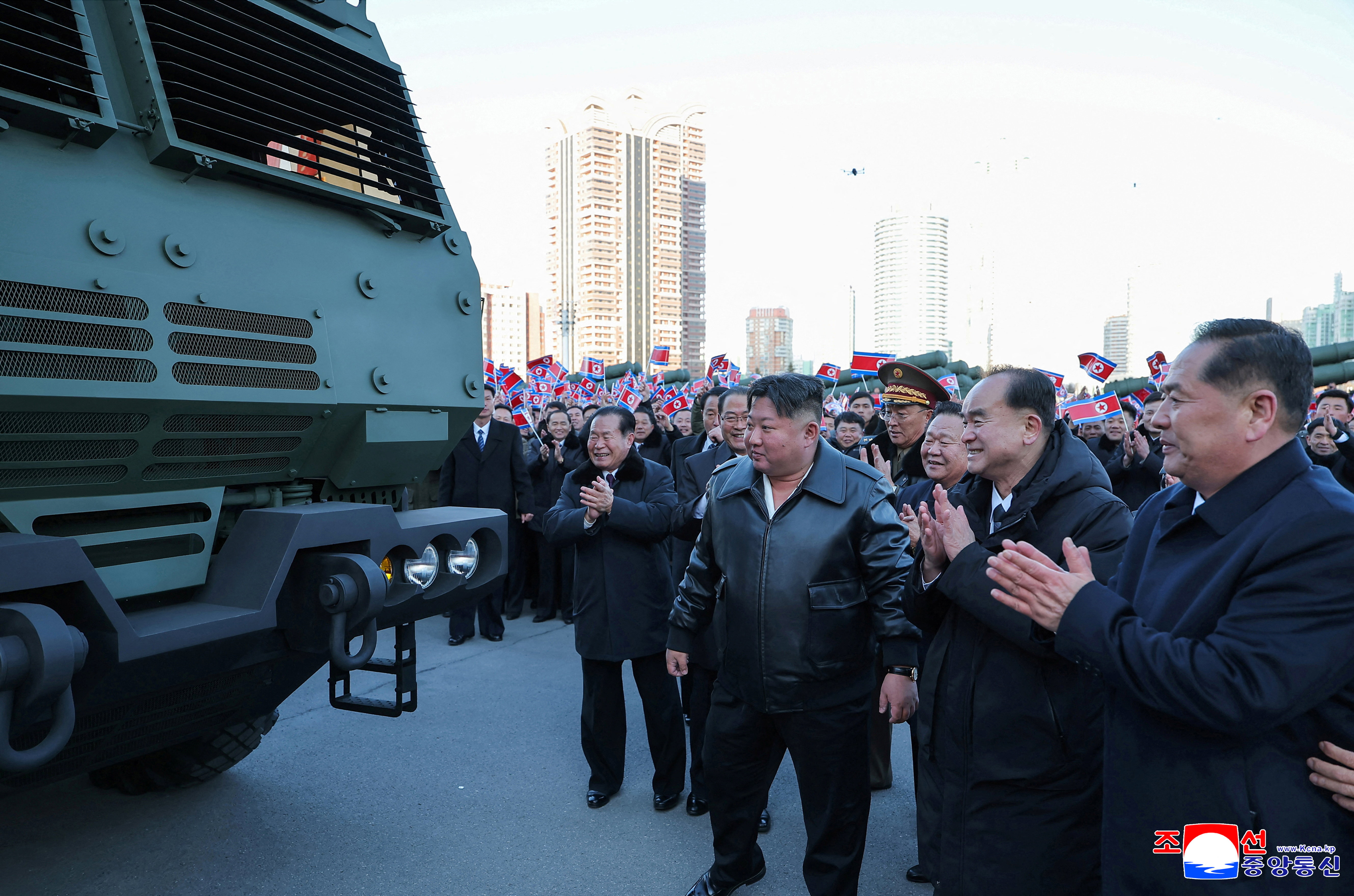 North Korean leader Kim Jong Un views a 600mm-calibre multiple rocket launcher during a presentation ceremony of the launchers to the Ninth Congress of the Workers' Party of Korea (WPK) by the workers of the munitions industry sector in Pyongyang, North Korea, February 18, 2026, in this picture released by North Korea's official Korean Central News Agency. KCNA via REUTERS ATTENTION EDITORS - THIS IMAGE WAS PROVIDED BY A THIRD PARTY. REUTERS IS UNABLE TO INDEPENDENTLY VERIFY THIS IMAGE. NO THIRD PARTY SALES. SOUTH KOREA OUT. NO COMMERCIAL OR EDITORIAL SALES IN SOUTH KOREA.