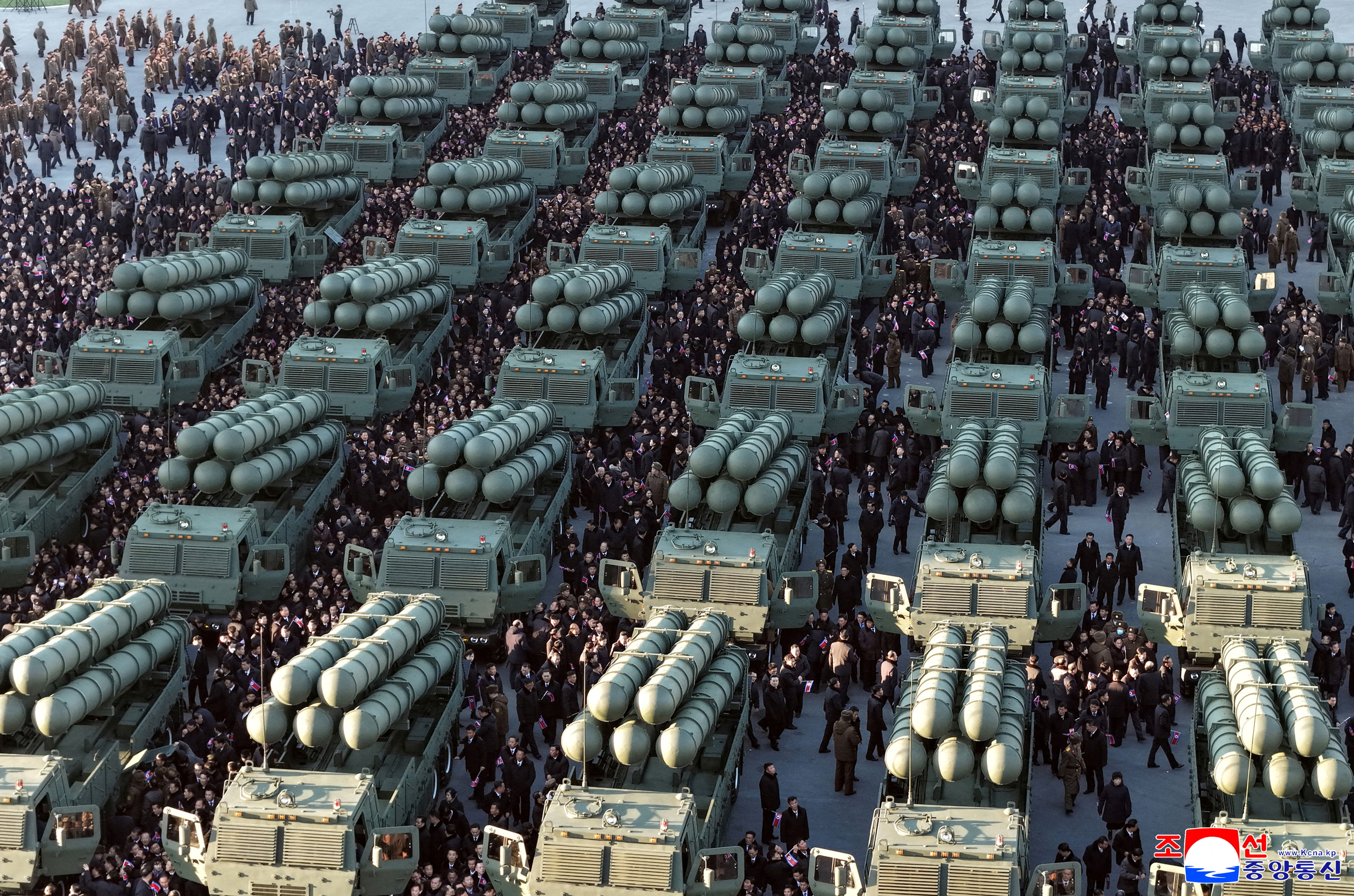 People view 600mm-calibre multiple rocket launchers during a presentation ceremony of the launchers to the Ninth Congress of the Workers' Party of Korea (WPK) by the workers of the munitions industry sector in Pyongyang, North Korea, February 18, 2026,