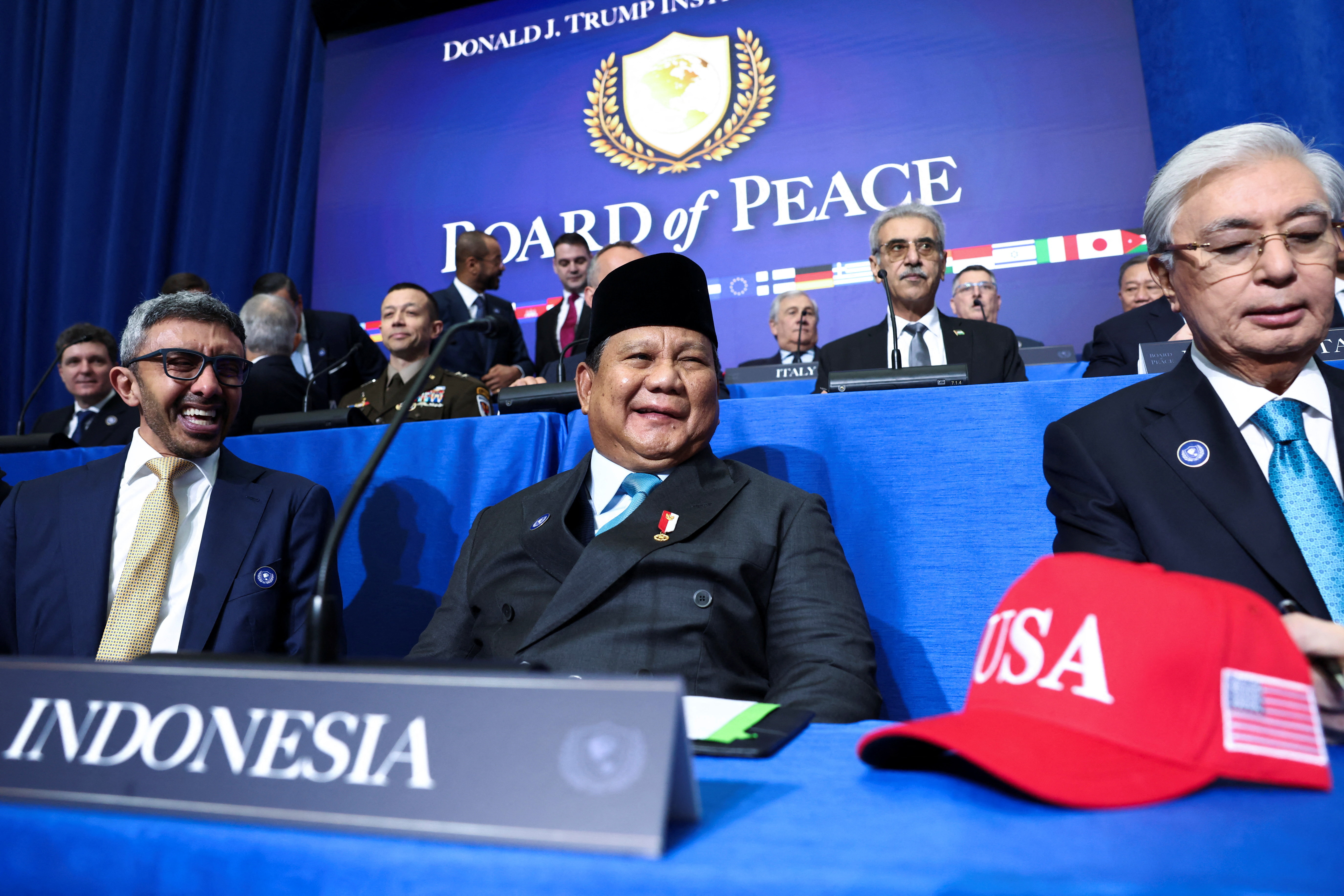 Indonesia's President Prabowo Subianto, Kazakhstan's President Kassym-Jomart Tokayev and other world leaders attend the inaugural meeting of the Board of Peace at the US Institute of Peace in Washington, D.C., on February 19, 2026. REUTERS/Kevin Lamarque