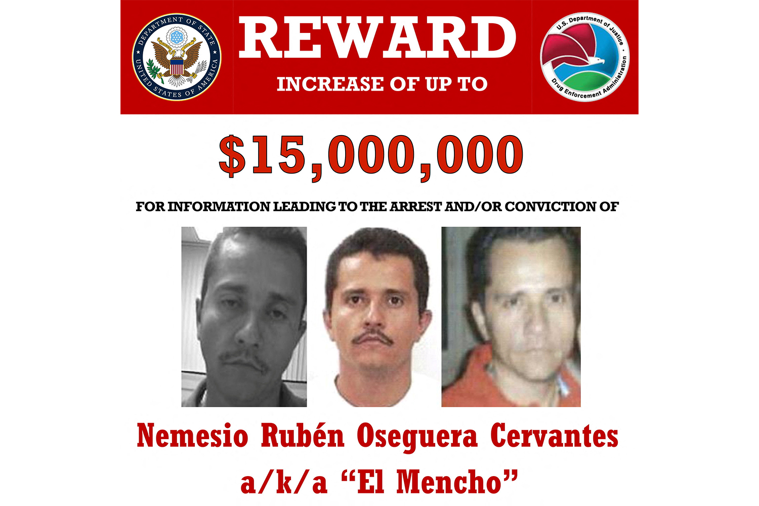 Mexican drug lord 'El Mencho' appears in undated photographs on a wanted poster on the US Department of State website with a $15m reward offered for information leading to his arrest