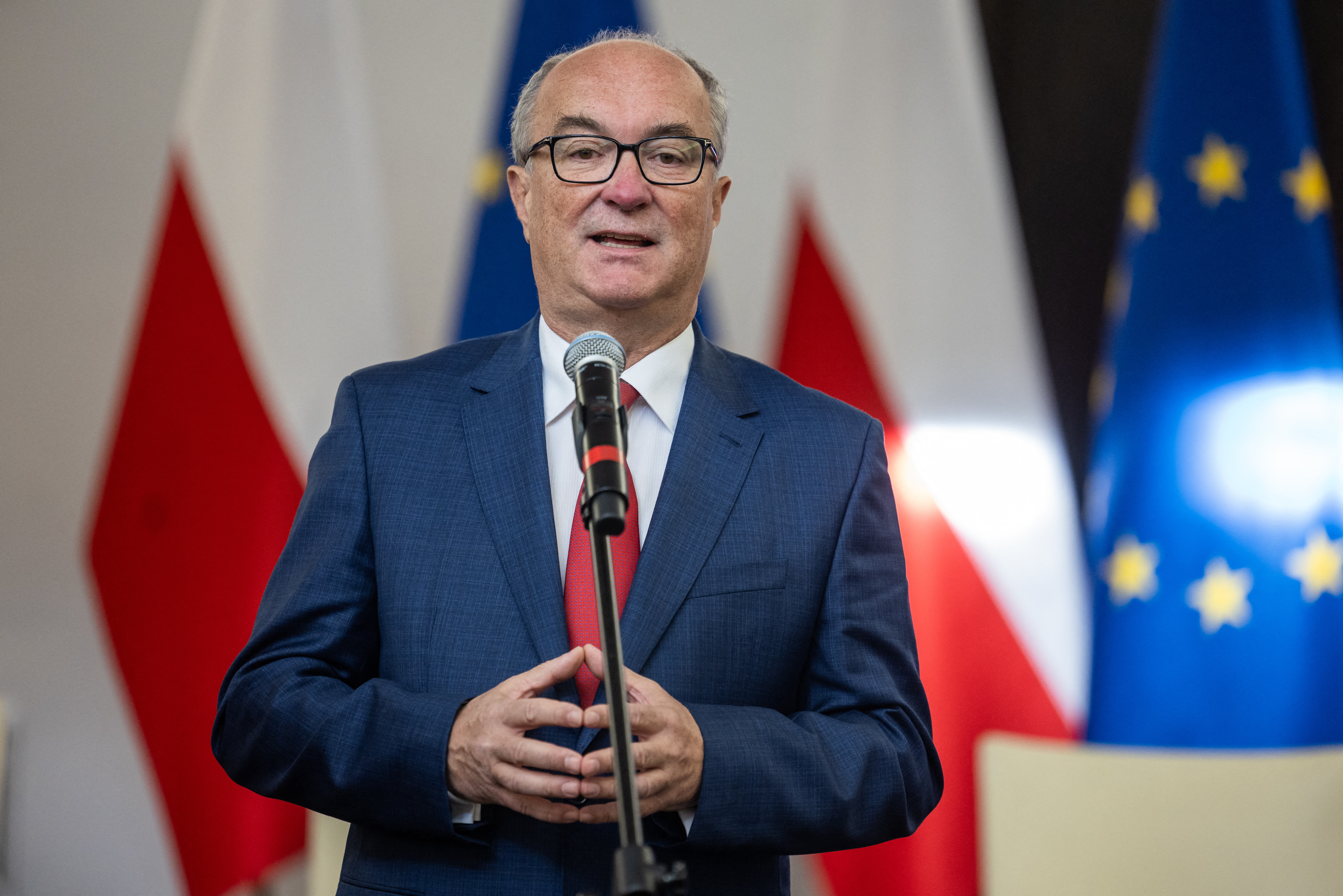 Wlodzimierz Czarzasty of the Left party gives a press statement prior to the signing of the coalition deal, at the Polish parliament in Warsaw on November 10, 2023. Poland's liberal opposition parties on November 10,2023 signed a coalition deal they said would be a "roadmap" for the new alliance if it was given the chance to take power. (Photo by Wojtek Radwanski / AFP)