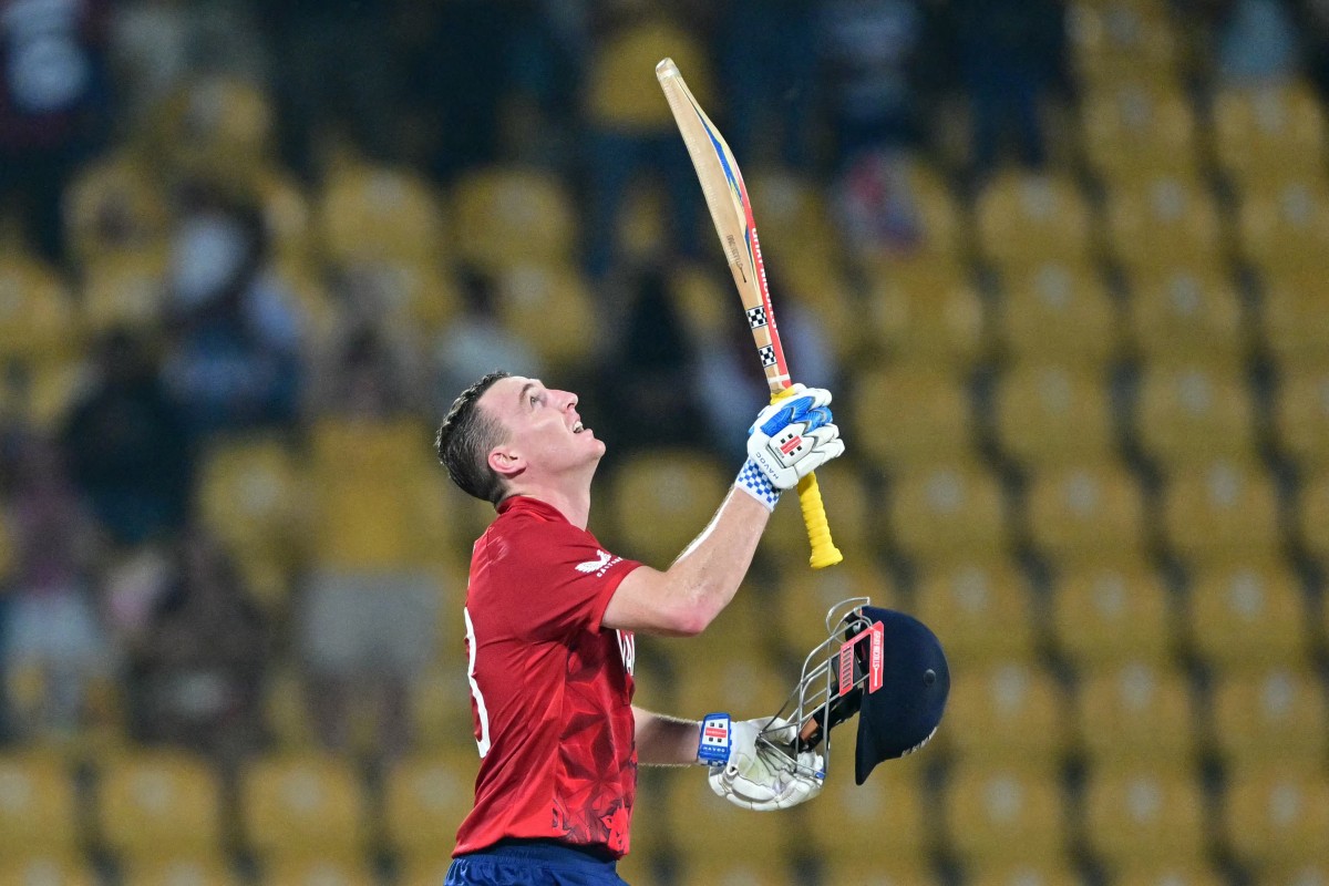 England's captain Harry Brook celebrates after scoring a century (100 runs) during the 2026 ICC Men's T20 Cricket World Cup Super Eights match between England and Pakistan at the Pallekele International Cricket Stadium in Kandy on February 24, 2026. (Photo by Ishara S. KODIKARA / AFP)