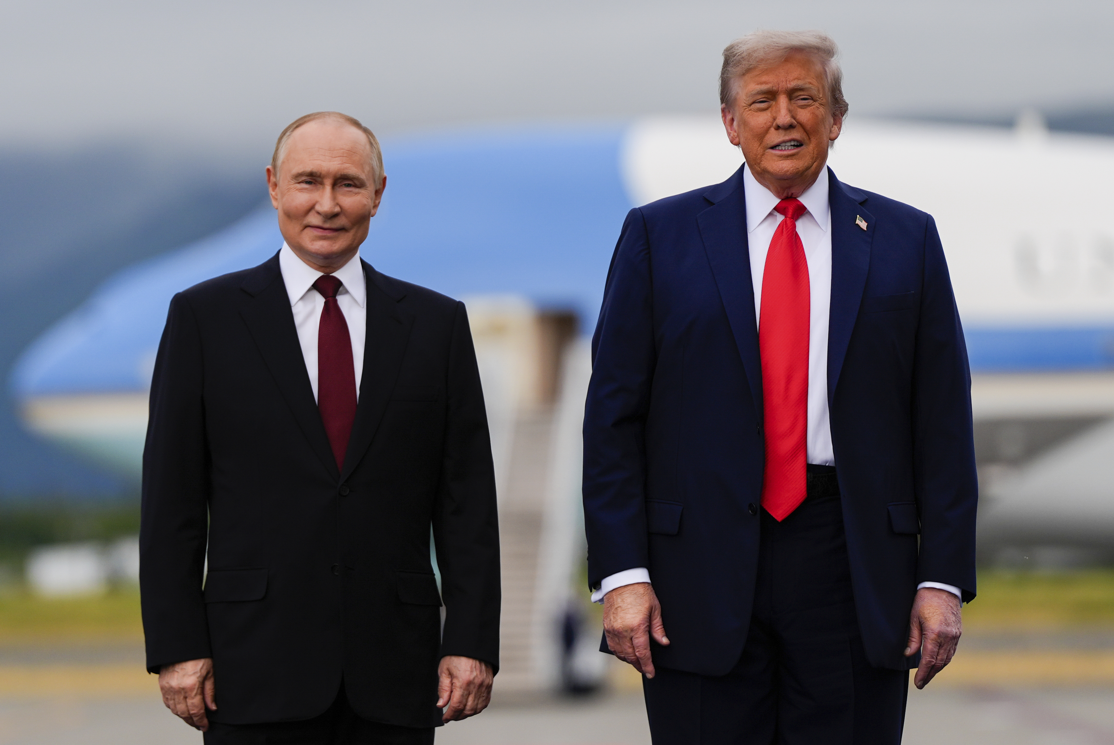 President Donald Trump and Russia's President Vladimir Putin talk, Friday, Aug. 15, 2025, at Joint Base Elmendorf-Richardson, Alaska. (AP Photo/Julia Demaree Nikhinson)