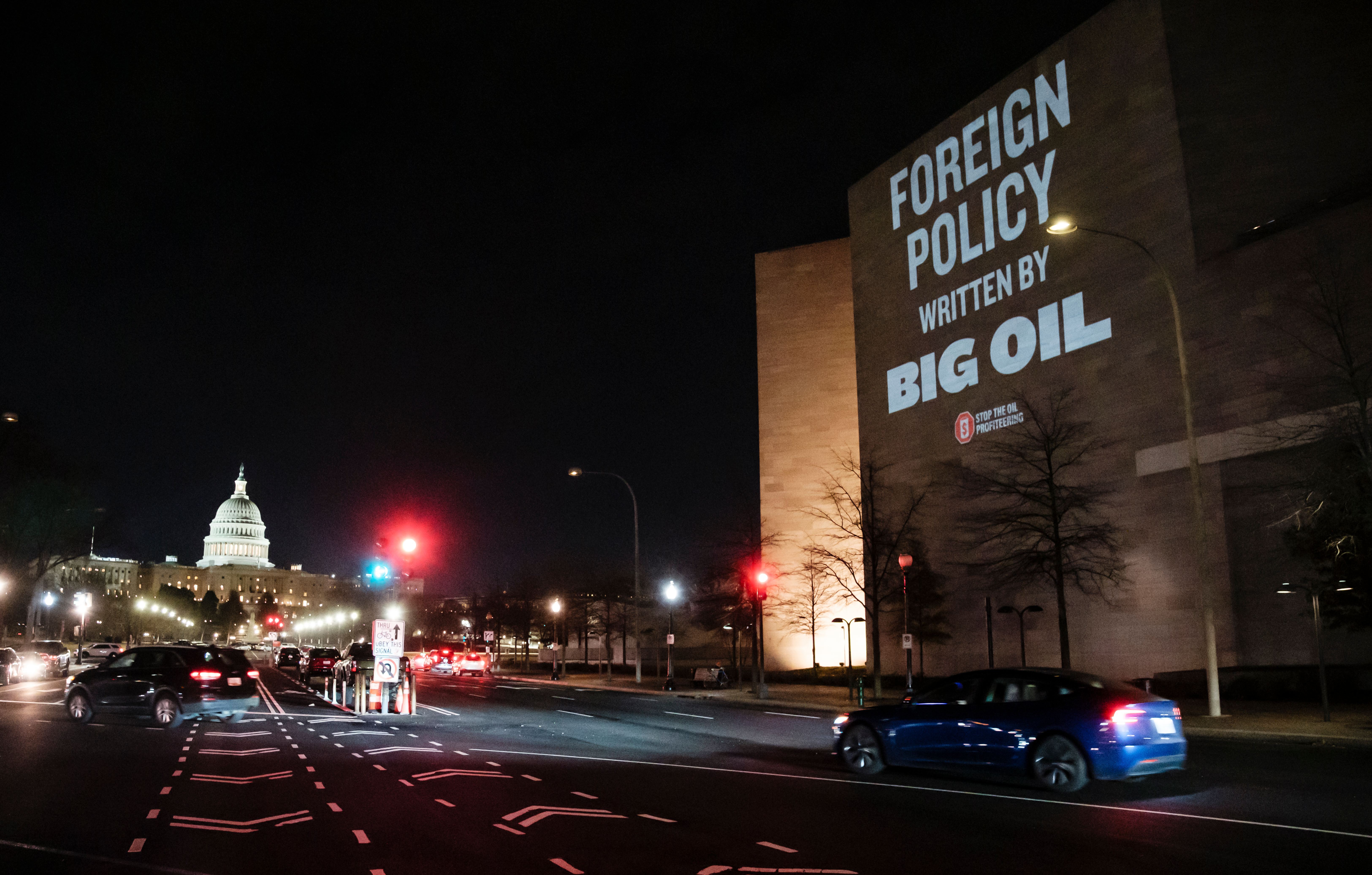 IMAGE DISTRIBUTED FOR FOSSIL FREE MEDIA - On the evening before President Donald Trump is set to meet with U.S. oil executives to discuss Venezuela, activists staged a large-scale projection opposing oil-driven intervention and the use of U.S. taxpayer dollars to subsidize Big Oil, on January 8, 2026 in Washington. (Michael A. McCoy/AP Content Services for Fossil Free Media)