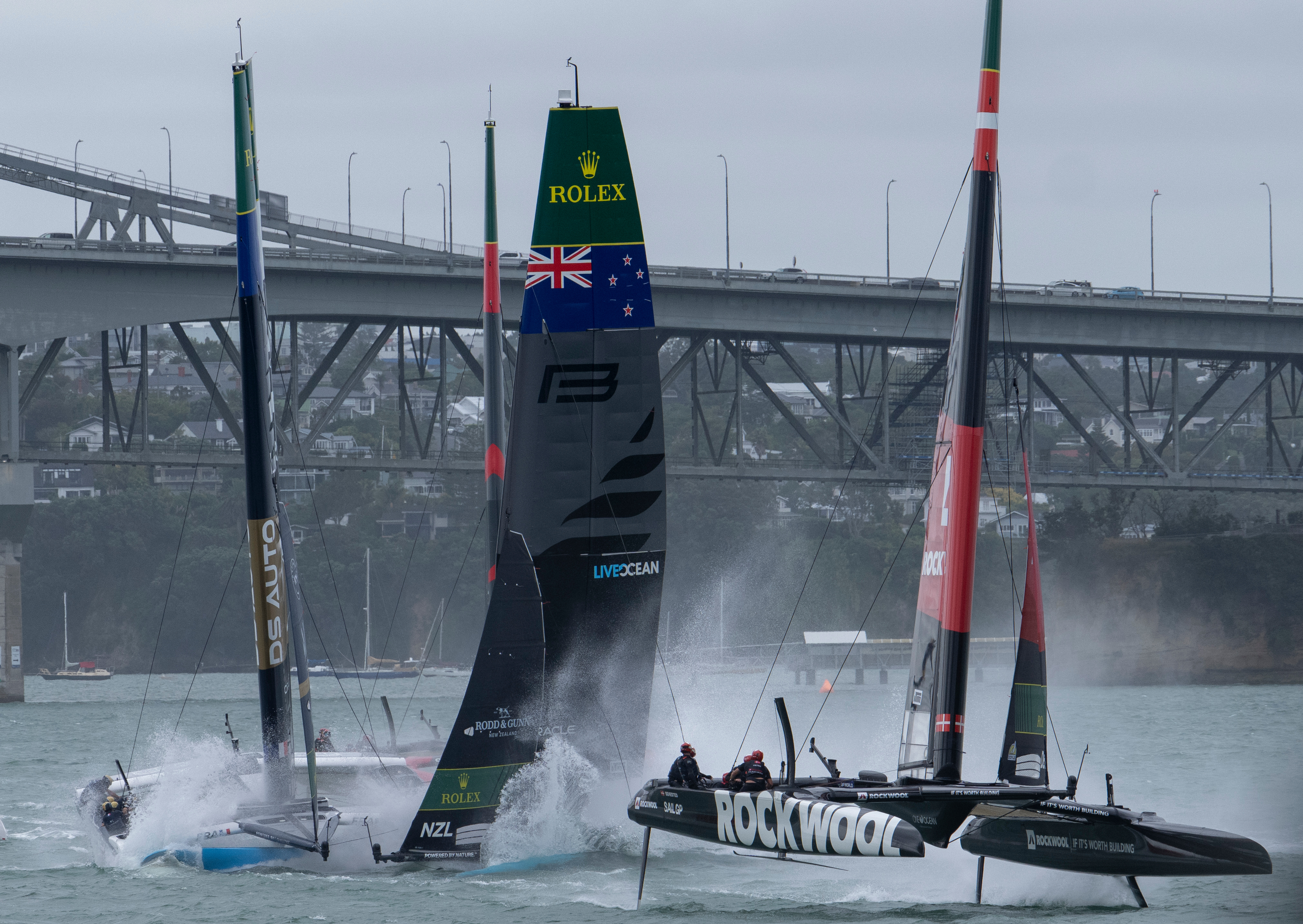 Peter Burling and DS Automobiles SailGP Team France helmed by Quentin Delapierre collide during racing on Race Day 1 of the ITM New Zealand Sail Grand Prix in Auckland