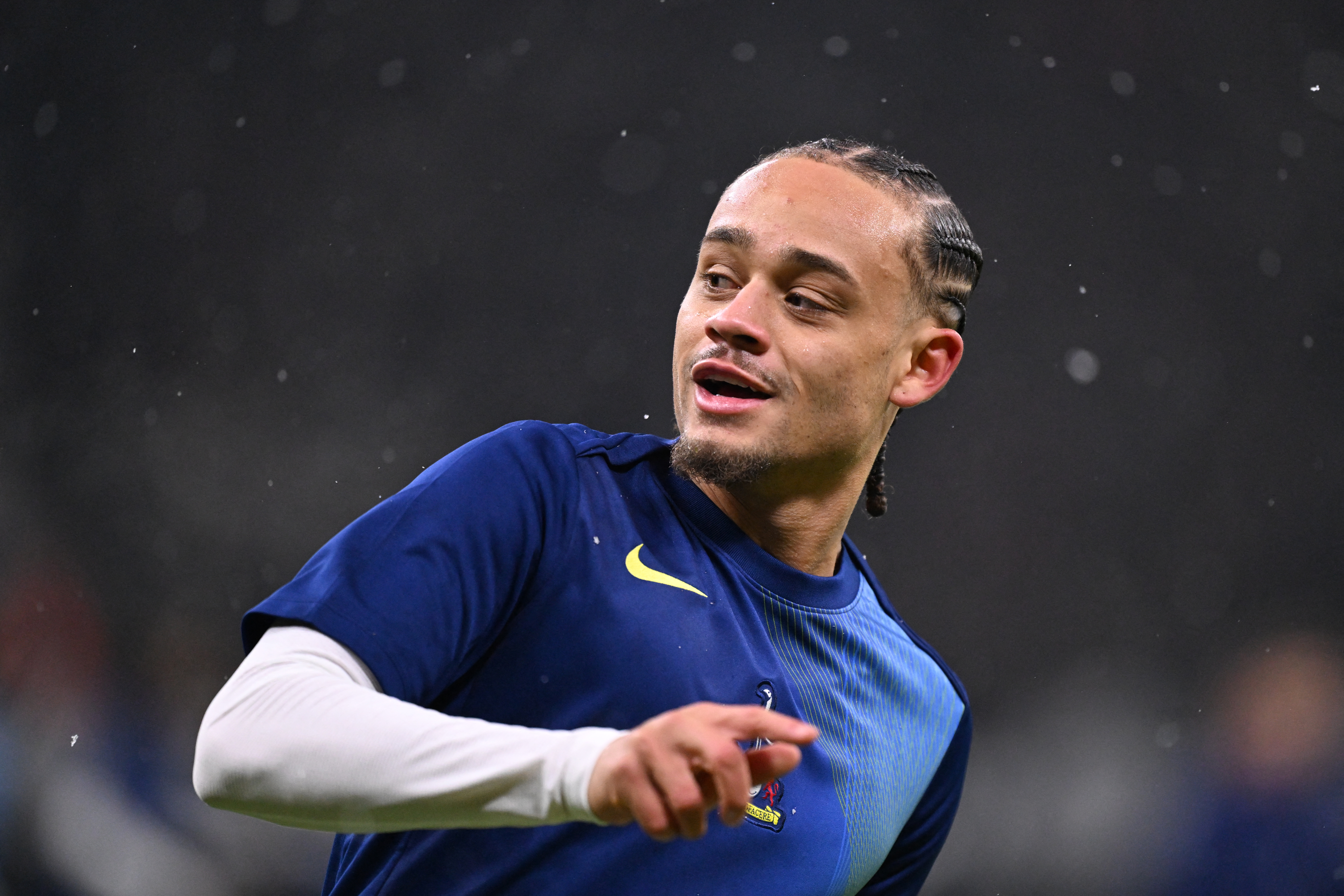 Tottenham Hotspur's Dutch midfielder #07 Xavi Simons warms up prior to the UEFA Champions League league phase- day 8 football match between Eintracht Frankfurt and Tottenham Hotspur in Frankfurt, western Germany, on January 28, 2026.